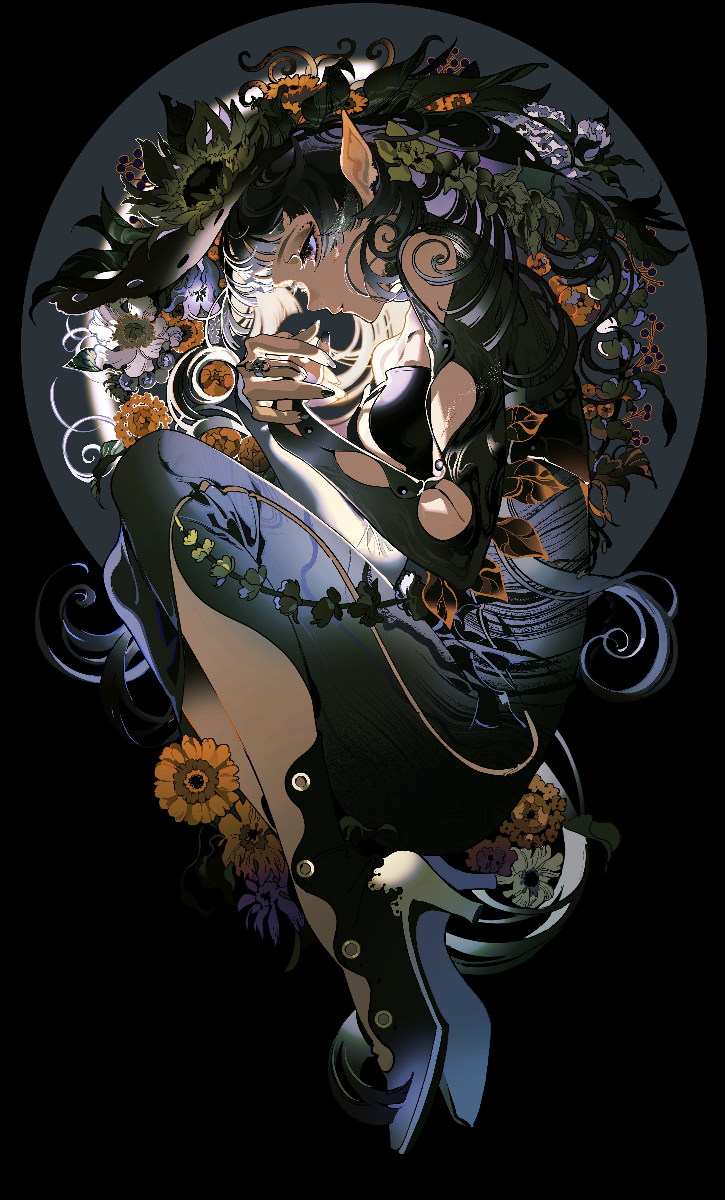 the image presents a stylized portrait of a female elf with dark hair and pointed ears, rendered in a style reminiscent of art nouveau. she is adorned with an elaborate headdress of leaves and flowers, and her body is partially obscured by swirling lines and floral elements. the color scheme is predominantly dark, with accents of blue, green, and orange in the flowers and her clothing. the lighting is dramatic, creating a sense of depth and highlighting specific areas, particularly her face. the overall effect is one of ethereal beauty and mystery.