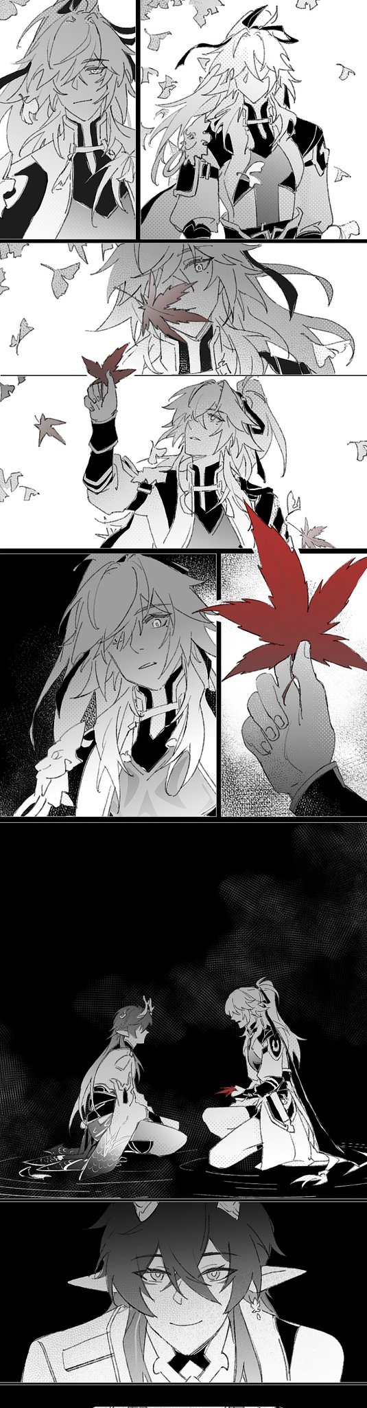 the image is a series of panels depicting a sad and tragic love story. in the first panel, two anime characters are shown standing together. the characters are in a romantic embrace, and the scene is full of love and joy. the second panel shows the same two characters, but this time they are separated and heartbroken. one of the characters is crying, and the other is looking away in sadness. the third panel is a closeup on the crying character, and the fourth panel shows the other character looking up at the sky with a sorrowful expression. the final panel is a more abstract image of the two characters fading away into nothing. the story is one of love, loss, and grief, with the characters ultimately being torn apart by fate. the use of black and white reinforces the somber mood of the panels. the image is beautifully drawn, with each panel conveying a strong emotion. the story is one that will resonate with anyone who has ever experienced heartbreak, loss, or grief.