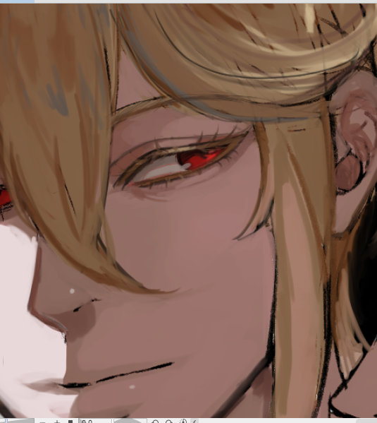this is a closeup portrait of a young anime male with blond hair. he is looking off to the side with a serious expression on his face, making him appear thoughtful or maybe even a little bit sharp. the image is rendered in a manga style and emphasizes his red eyes and sharp jawline.