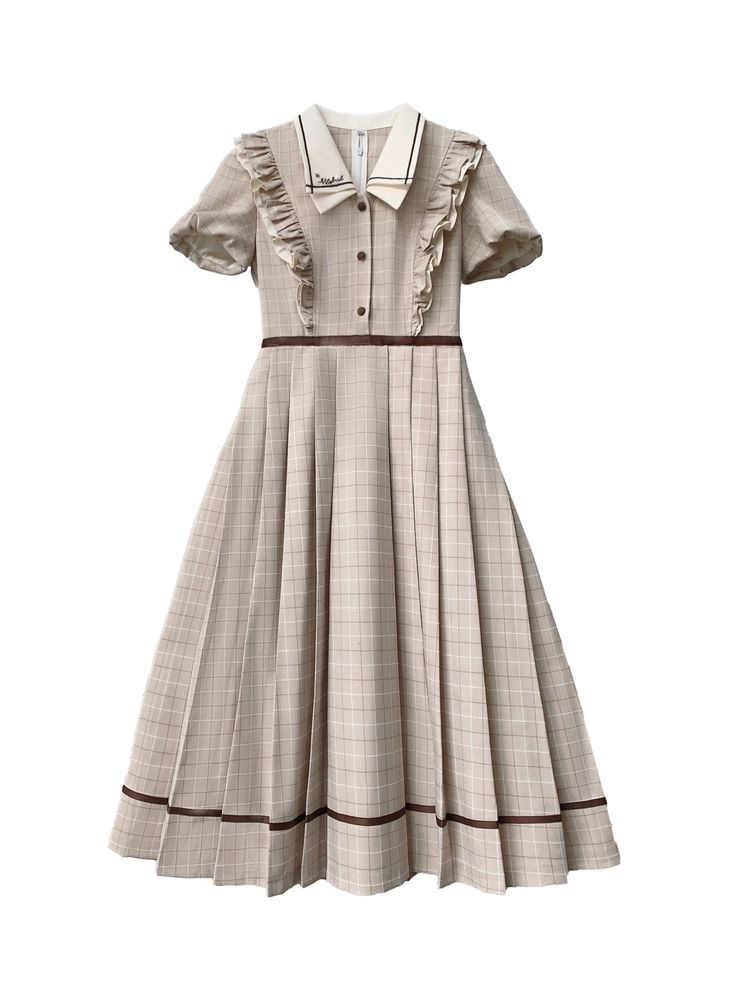 a vintageinspired plaid dress with a ruffled collar and short sleeves. the dress is a light brown and white plaid with brown trim. it has a fitted bodice and a flowing skirt that falls to midcalf length. the dress is perfect for a summer wedding or party.