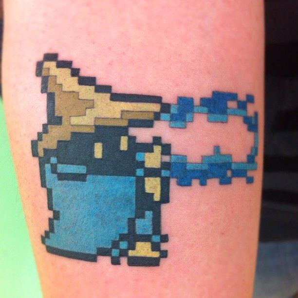 a person's arm with a tattoo of link from the legend of zelda using the hookshot, done in an 8bit pixel art style.
