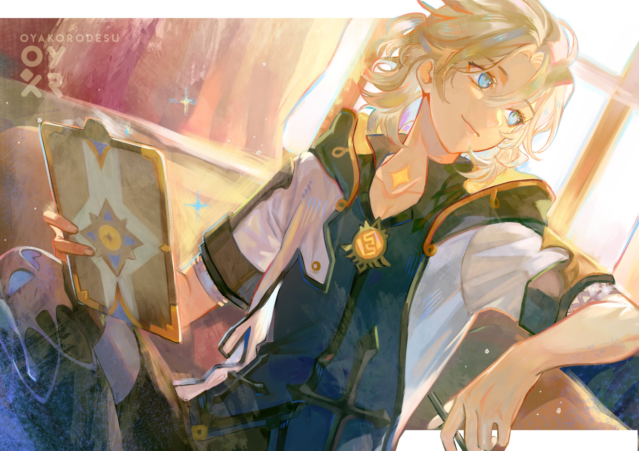 the image is a digital illustration of an anime boy. he is sitting by a window and holding a book. the boy has long blonde hair and blue eyes. he is smiling and looking towards the viewer. the image is bright and colorful and depicts a cheerful, happy scene.
