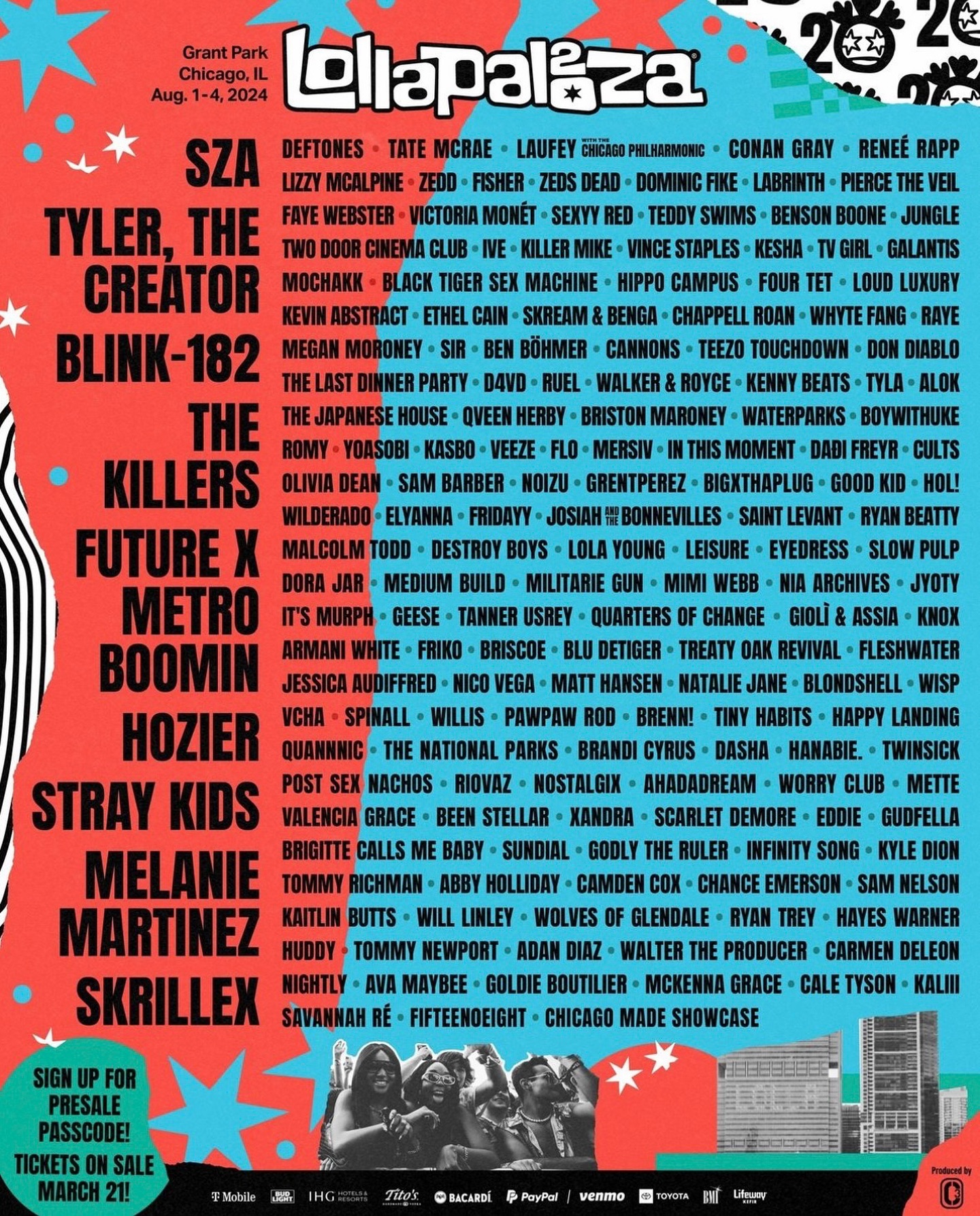 the image is a poster for the lollapalooza music festival taking place in grant park, chicago from august 14, 2024. it features a list of numerous musical artists performing at the festival, including sza, tyler the creator, blink182, the killers, future, metro boomin, hozier, stray kids, melanie martinez, and skrillex. the poster also includes information on how to sign up for a presale passcode and the date tickets go on sale. the bottom displays a row of various sponsor logos.