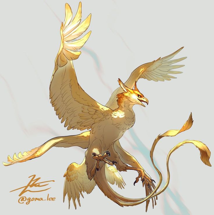 the image shows a golden griffin, a mythical creature with the body of a lion and the head and wings of an eagle. it has sharp claws, feathered wings, and a long, flowing tail. the artwork is a digital illustration with a fantasy feel.