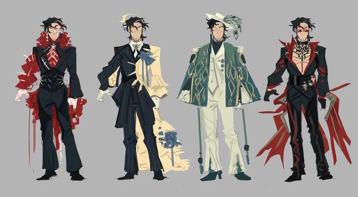 an illustration of four men dressed in different styles. each man is wearing a different type of suit, and their hairstyles and accessories are also different. the man on the left is wearing a black suit with a red scarf, the second man is wearing a black suit with a white scarf, the third man is wearing a white suit with a green jacket, and the fourth man is wearing a black suit with a red jacket. all four men are standing in different poses, and their expressions are also different. the illustration is a great example of different fashion styles.