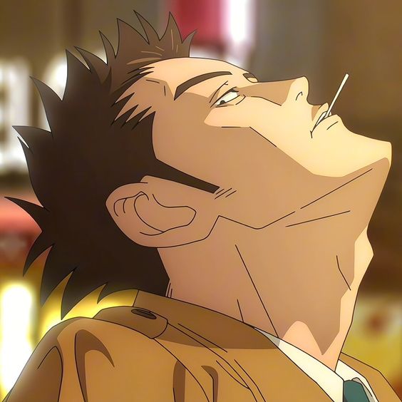 a closeup side profile of an anime man with spiky hair and a toothpick in his mouth. he appears to be bored or tired, with his head tilted back and eyes closed. the warm lighting suggests an indoor setting, possibly a bar or restaurant.  his attire consists of a white collared shirt and a light brown jacket.