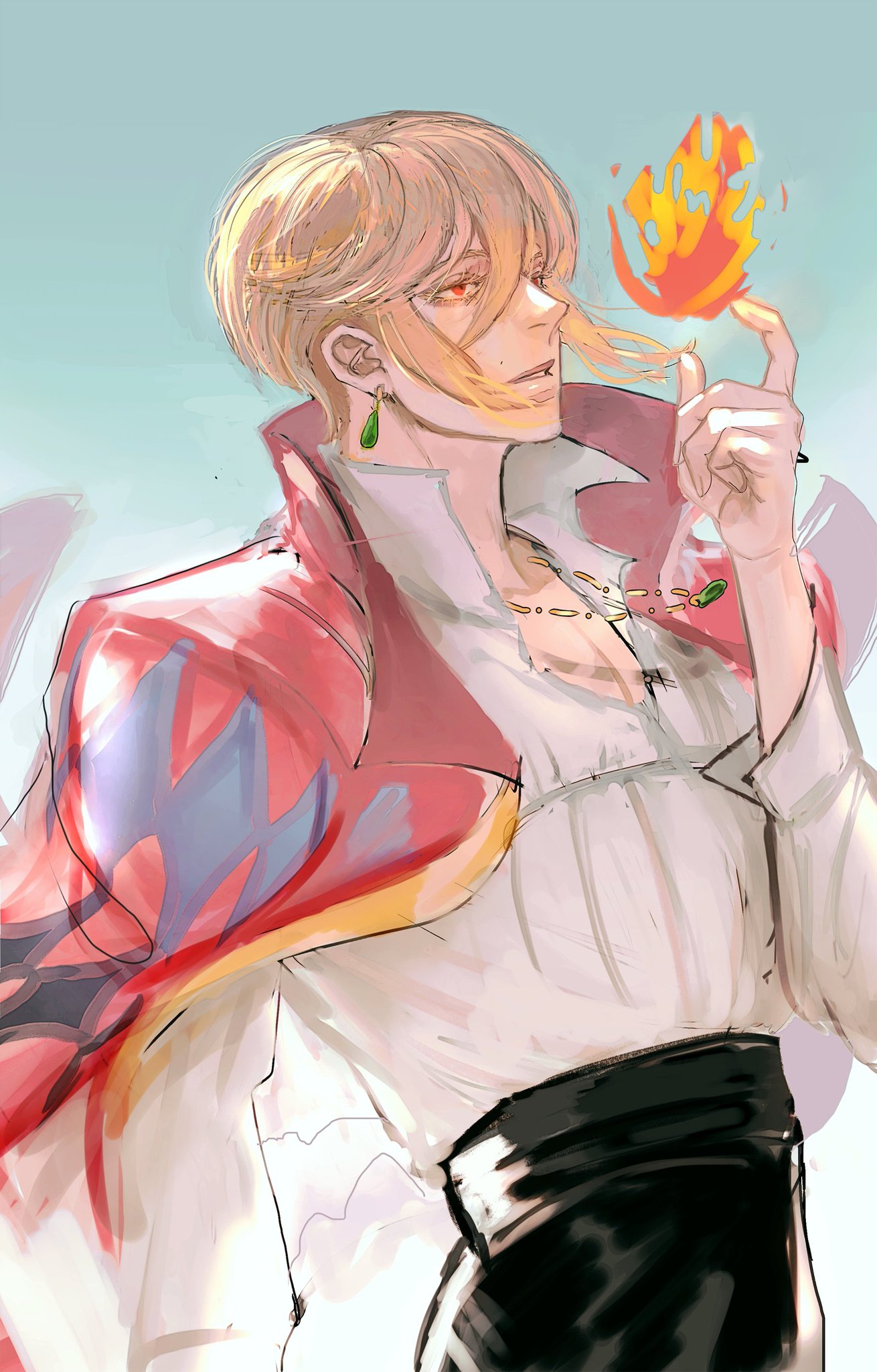 this is a digital art illustration of a man with blonde hair wearing a red jacket, a white shirt, and black pants. he is smiling and holding a small flame in his hand. he is looking at the flame, and it is clear that he is happy about it.
