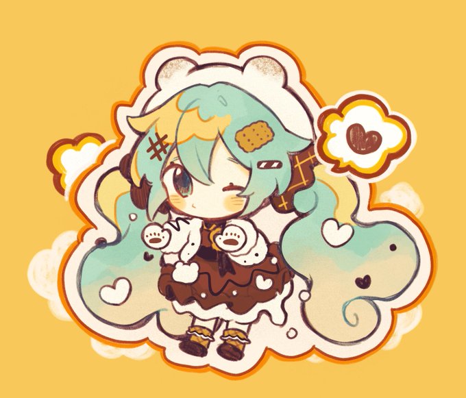 a digital illustration of a cute anime girl in a chibi style, dressed in a brown chocolatethemed dress and white gloves. she's holding a white teddy bear in her hand, and her hair is teal with yellow highlights. she is surrounded by white clouds and a yellow cloud with a brown heart inside. she's smiling and winking, looking happy and sweet. the illustration is drawn in a cartoon style and has a bright and colorful aesthetic.
