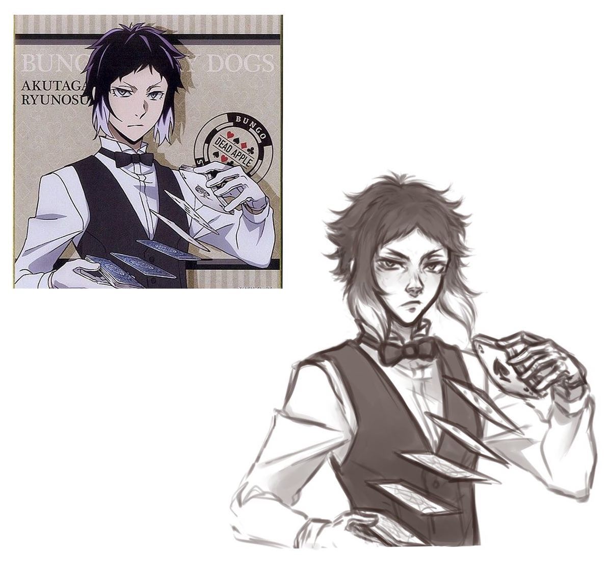 the image is a splitscreen comparison.  on the left is a colored promotional image of akutagawa ryunosuke from the anime/manga bungo stray dogs. he's depicted in his signature attire, holding and manipulating playing cards. there's text that says "bungo stray dogs" and  "akutagawa ryunosuke" along with a "dead apple" emblem, hinting towards a specific arc in the series.  on the right is a grayscale fan art sketch that appears to be a work in progress of the same character, akutagawa, in a similar pose, performing a card trick. the sketch shows a looser style and less detail than the original artwork. the overall comparison highlights the process of recreating the character in a different artistic style.