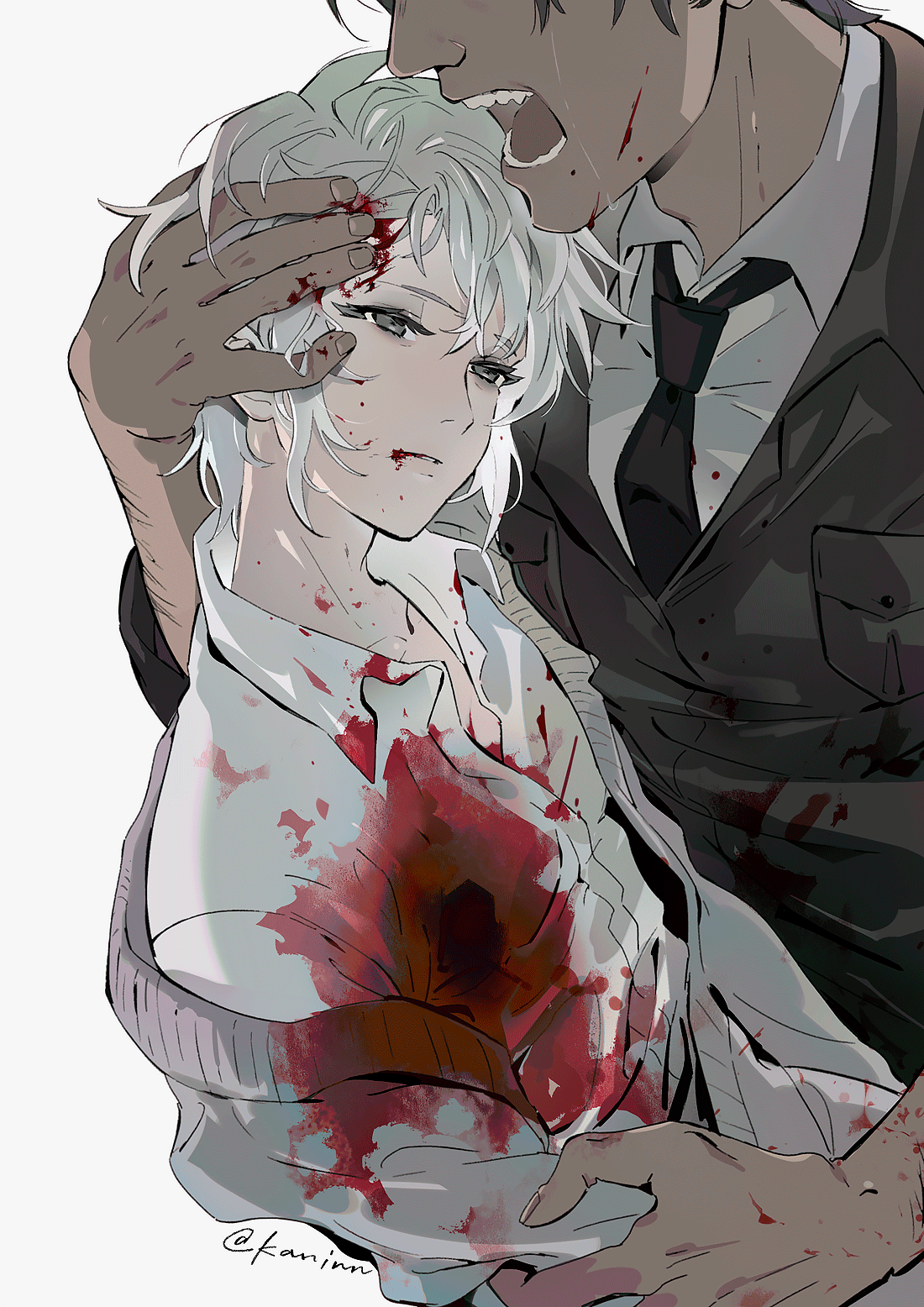 the image depicts a scene of intense violence. a man with white hair is cradled in the arms of another man, who is dressed in a suit and tie. both men are covered in blood, and the man with white hair appears to be wounded and in pain. the man with white hair is pale and has blood splattered on his face, while the other man seems to be distressed and possibly in shock.