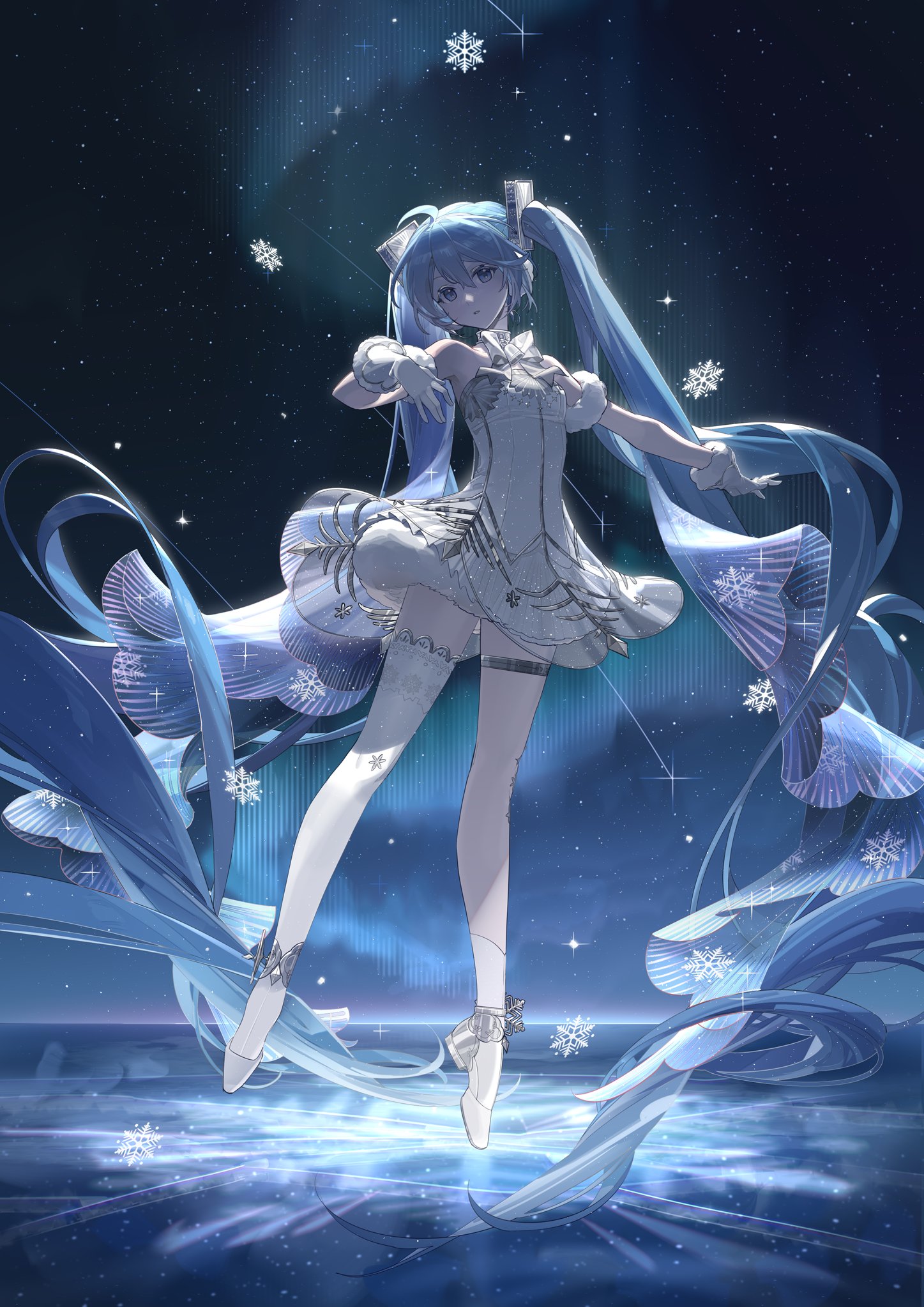the image depicts hatsune miku, a vocaloid character, dressed in a white dress and ballet shoes. she has blue hair styled in pigtails and is surrounded by snowflakes, stars, and flowing ribbons. the background shows a night sky over a body of water.