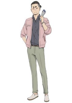 a cartoon drawing of a man with his hands in his pockets. he is wearing green pants, a dark blue shirt, a pink jacket, and white shoes. he is holding a newspaper in his left hand.