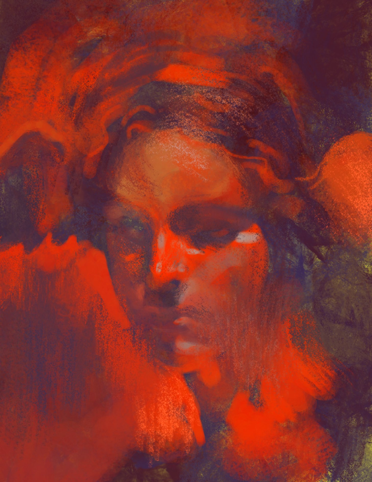 the image is an abstract and expressive digital painting of a woman's face. the style is impressionistic, with loose brushstrokes and a focus on capturing emotion rather than precise detail.  the predominant colors are fiery reds and oranges, creating a warm and intense atmosphere. the woman's features are suggested rather than clearly defined, leaving room for interpretation. the overall mood is dramatic and moody, with the dark background and strong contrast enhancing the intensity of the colors and the subject's expression. the texture is prominent, adding to the painting's sense of movement and energy.