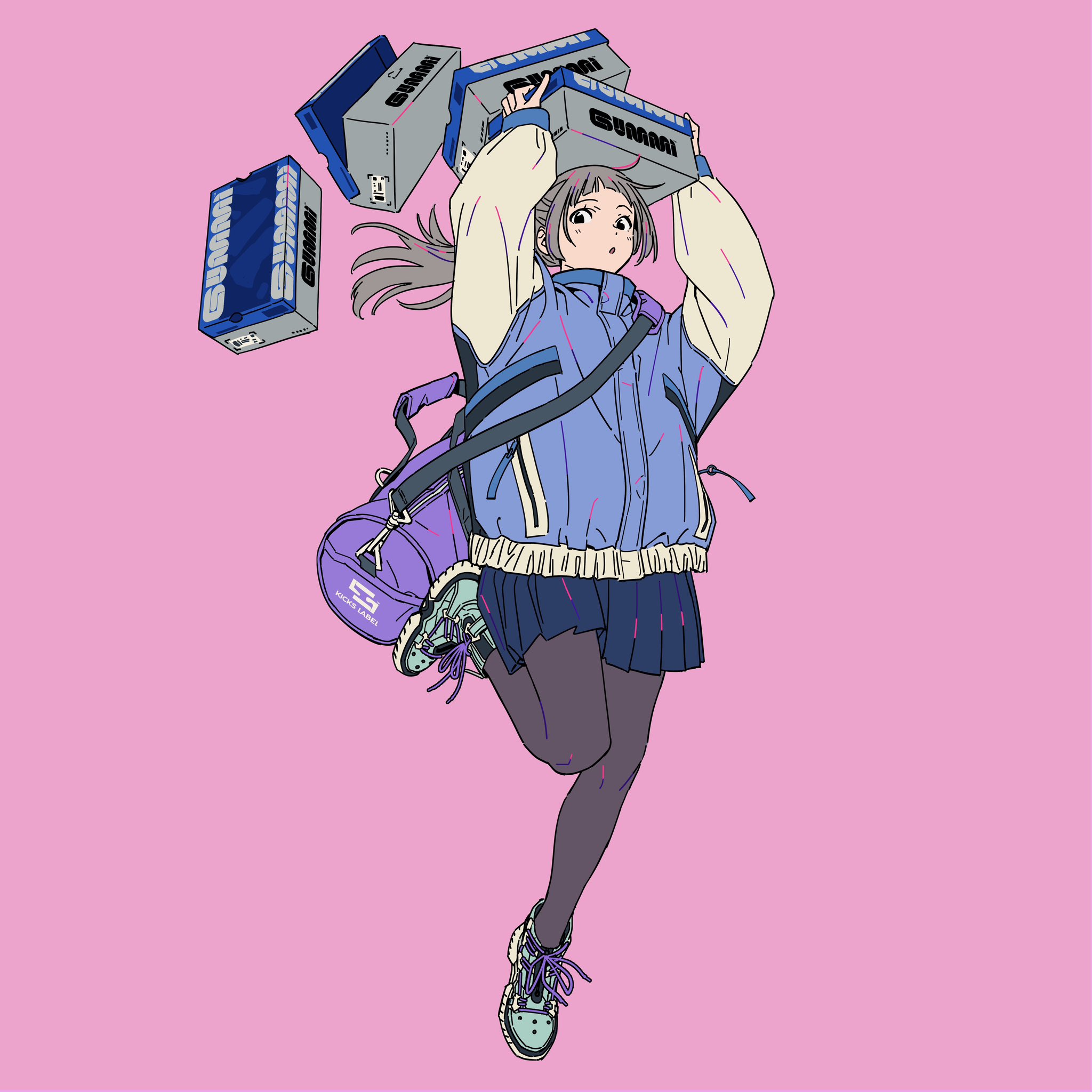 he image is a stylized illustration of an anime girl in motion. she's depicted in a dynamic pose, appearing to be running or jumping, carrying several boxes on her head. her outfit is casual and trendy, featuring a purple and blue jacket, a dark skirt, tights, and colorful sneakers. her hair is tied back in a ponytail. the overall style is reminiscent of modern anime and graphic design trends, with clean lines, bold colors, and a focus on movement and energy. the background is a solid, pale pink. the boxes she carries seem to be labeled in japanese, suggesting they could be products or merchandise from a specific brand.