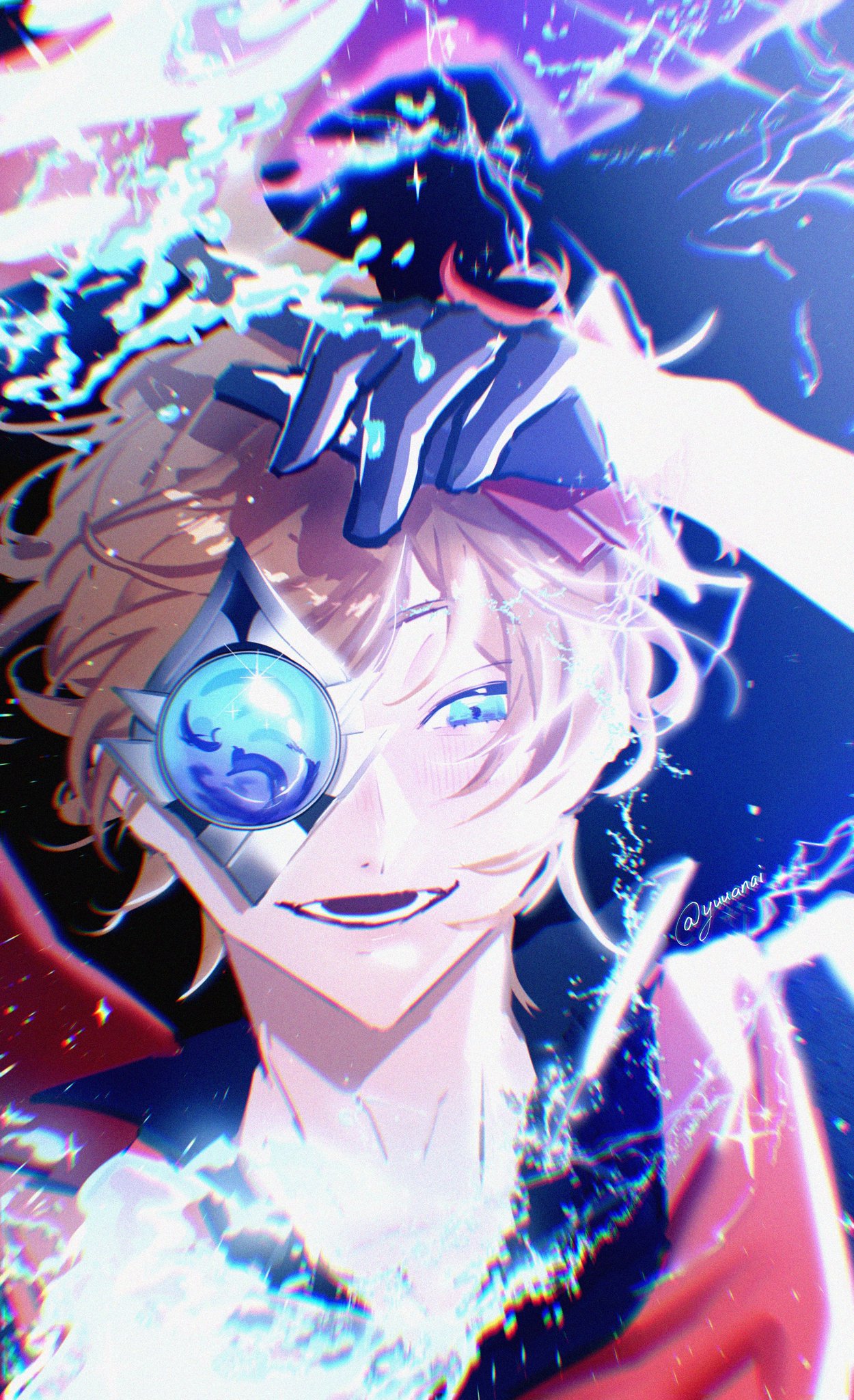 the image is a digital illustration of an anime character. the character is a young man with blond hair and blue eyes. he is wearing a red and blue outfit and a blue eyepatch. he is smiling and the background is a bright light with sparkling effects. the overall style of the image is reminiscent of anime and manga art.
