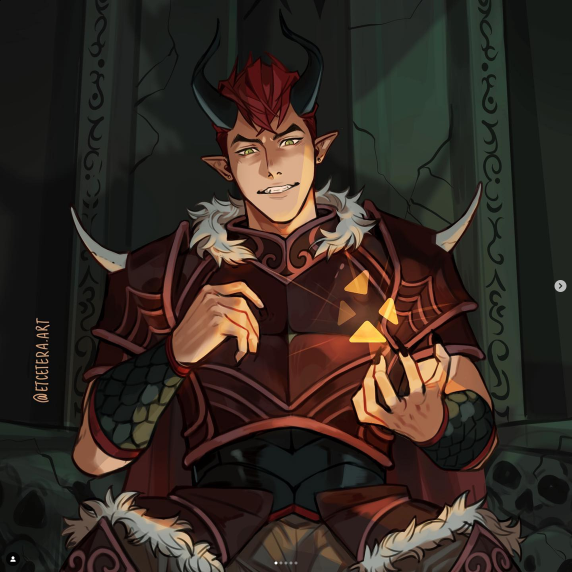 the image showcases a male demon character with red skin and hair, seated upon an ornate throne. he's clad in armor adorned with fur and holds a glowing orange artifact in his hand, casting a warm light on his smirking face. the background is dark, hinting at a stone throne room with skulls subtly placed around the base of the throne.