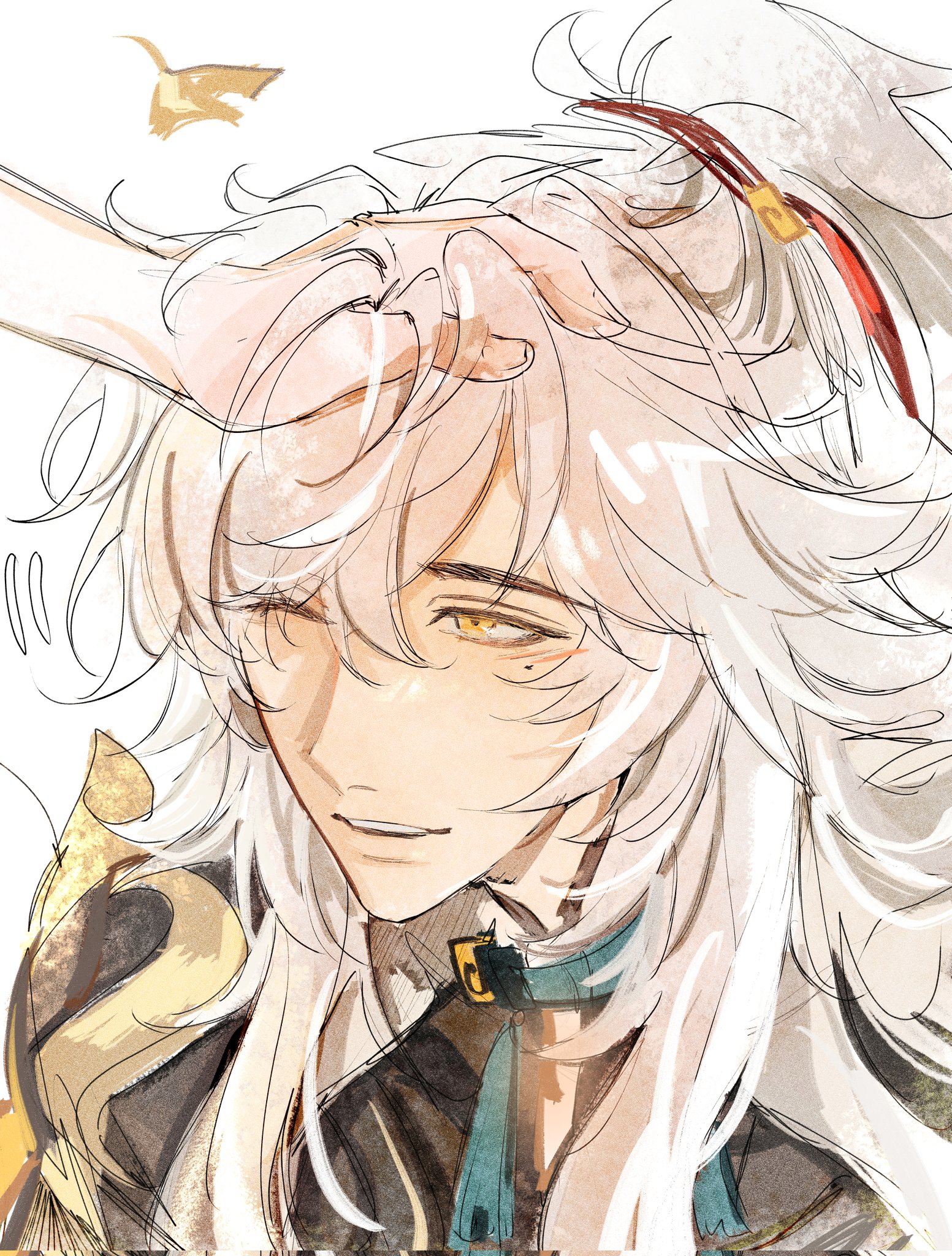 this is a digital illustration of a young man with long white hair, golden eyes, and a soft smile. he is being gently touched on the head by an unseen hand. the art style is animeinspired and features loose lines, watercolor washes, and a delicate color palette.