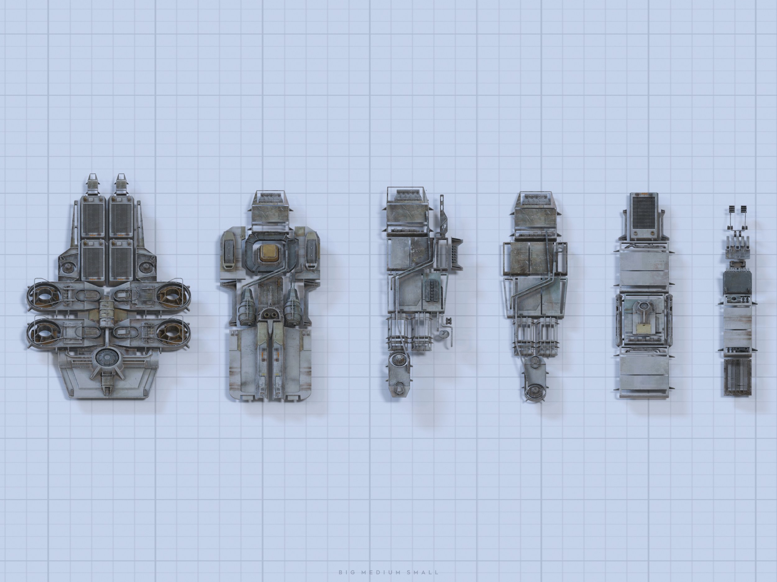 the image displays a series of five spacecraft, rendered in 3d, viewed from directly above. they are arranged in order of size, from largest on the left to smallest on the right, illustrating a scale progression. each ship has a distinct but similar design, consisting of grey metallic components with a detailed, almost industrial aesthetic.  they're set against a lightblue gridded background reminiscent of a blueprint or technical drawing. the overall impression is one of scifi design, focusing on the varying sizes and common design features of the spaceships. the caption "big medium small" is visible at the very bottom.