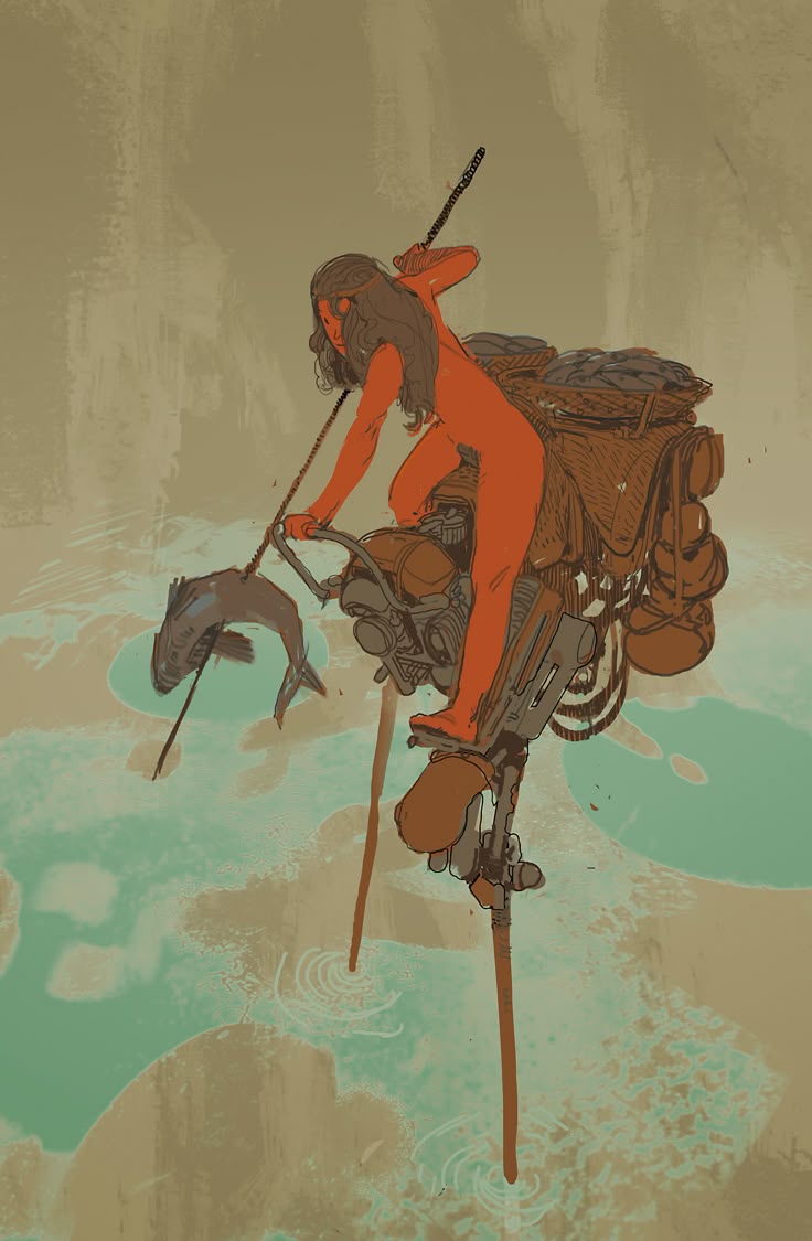 a digital illustration depicts a nude woman riding a heavily modified motorcycle across water on stilts. she holds a spear with a fish impaled on it. the motorcycle is loaded with baskets and bags. the background is a textured landscape with muted colors.