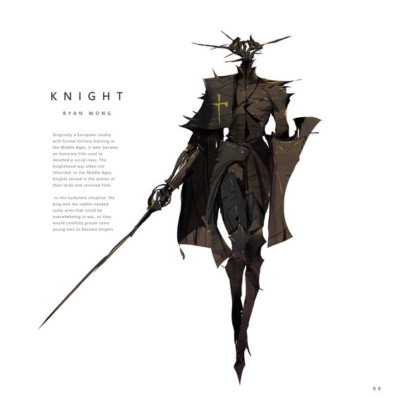 a digital illustration of a knight, set against a white background. the knight, designed by ryan wong, is depicted in dark, stylized armor, wielding a long sword. the art style emphasizes sharp angles and elongated limbs, lending the character a skeletal appearance. a brief description about the historical context and role of knights accompanies the illustration.