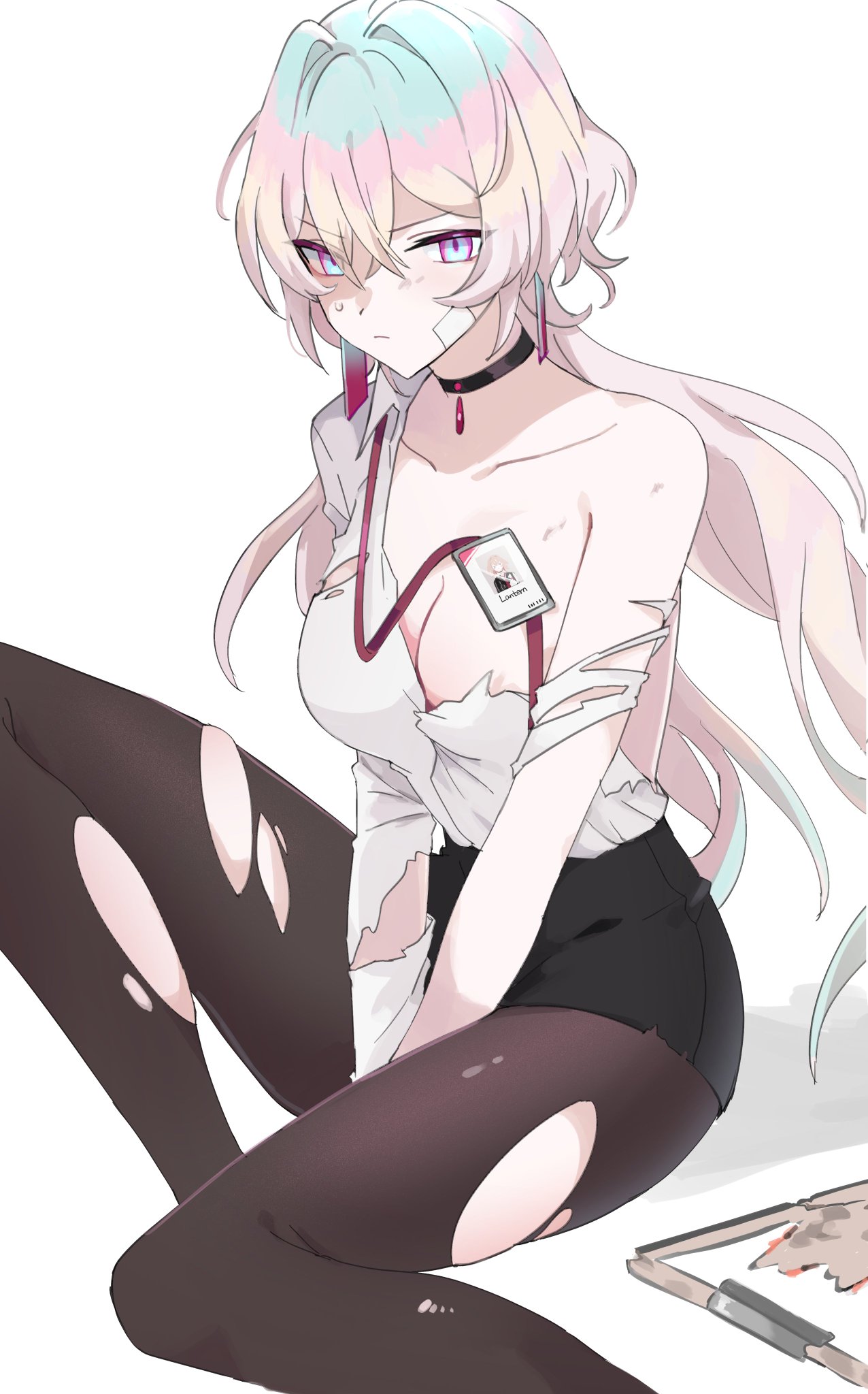 this anime illustration shows a girl with long, lightcolored hair. she is wearing a white