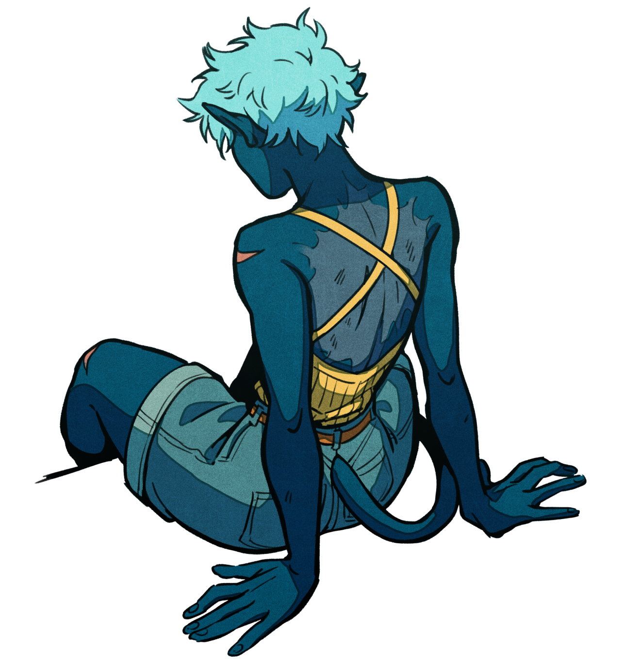 the illustration showcases the back of a youthful, tealskinned elf. his spiky hair, a shade of seafoam green, contrasts against his skin. he's dressed in tattered jean shorts and a yellow, bandagelike top that reveals various scars on his back.  his long, tealcolored tail extends behind him, and his pointed ears add to his elflike features. the art style is cartoonlike with bold linework and shading, set against a plain white backdrop. the focus is on the character's physique and attire, hinting at a story etched onto his scarred body.