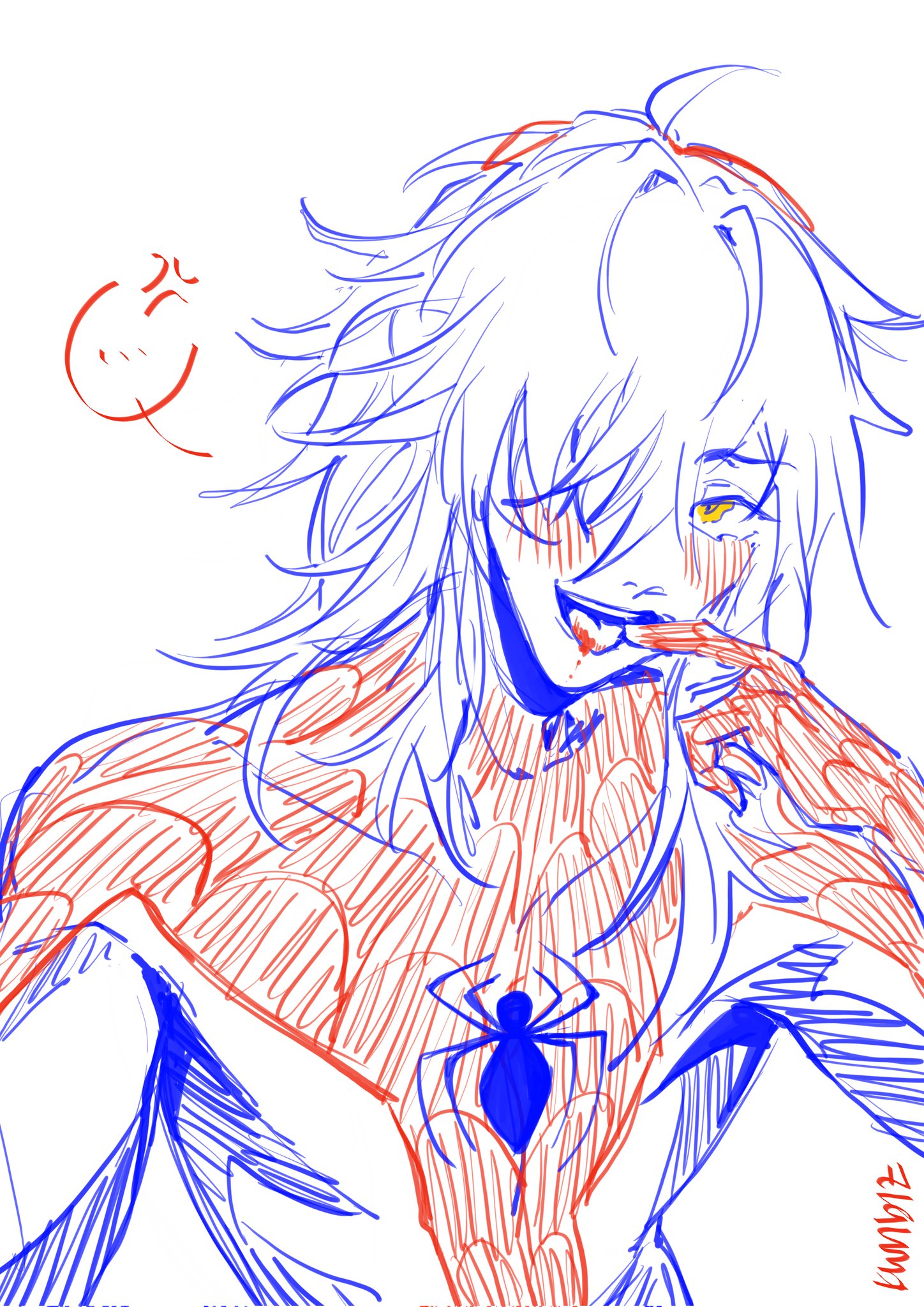 a line art sketch of an anime character, possibly a male superhero. his hair is long and flowing, with his face and body outlined with a blue pen. on his chest, he wears a spider logo, and he looks mischievous, his expression confident and playful.  the drawing is sketched with a red pen on top of the blue outline, giving it a multilayered look.  the artist's signature is also in the bottom right corner.