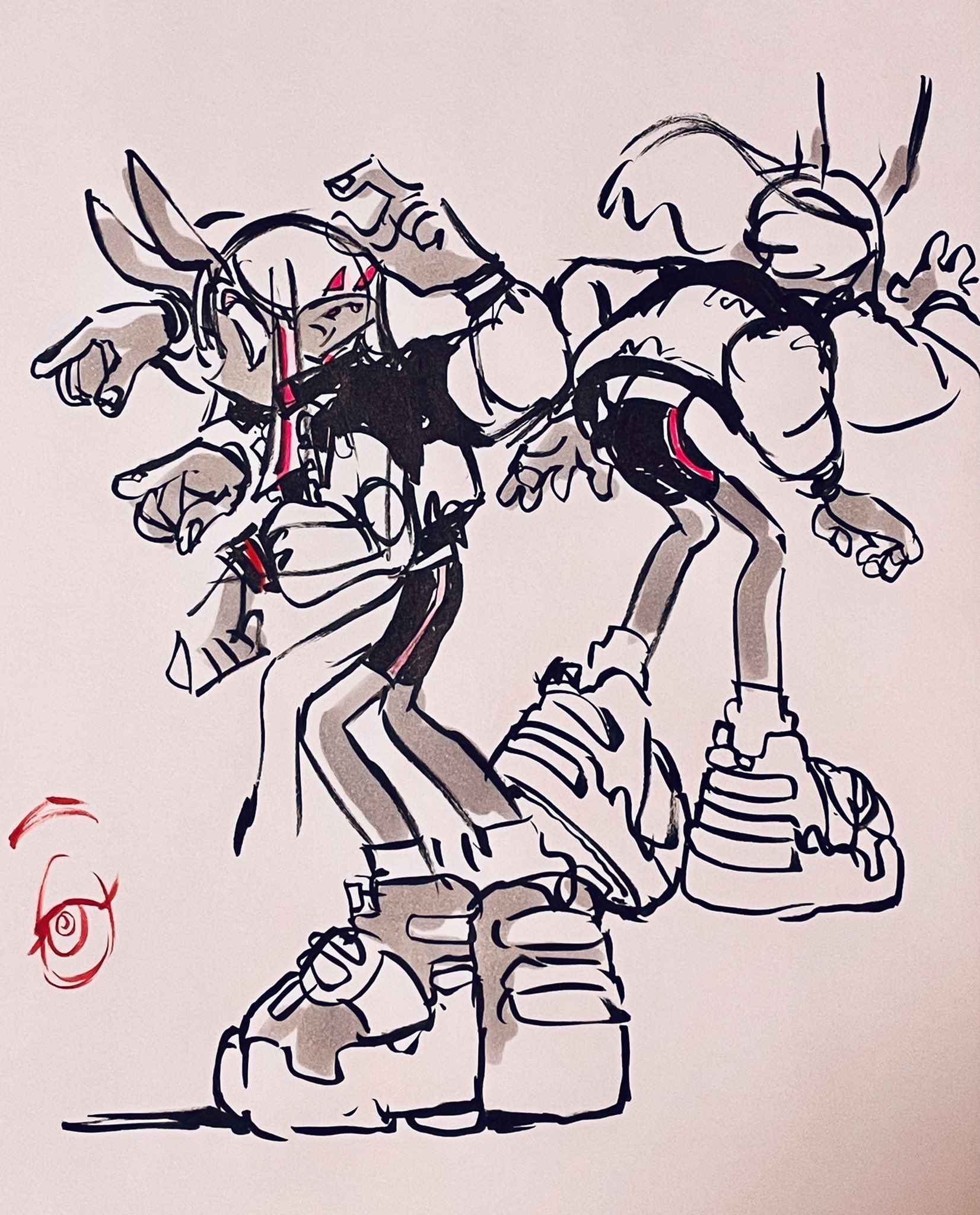 a stylized sketch of two figures striking dynamic poses. they appear to be dancing. the figure on the left is wearing a rabbitthemed helmet with long ears. they are both wearing bulky sneakers. the line art is predominantly black with red accents.