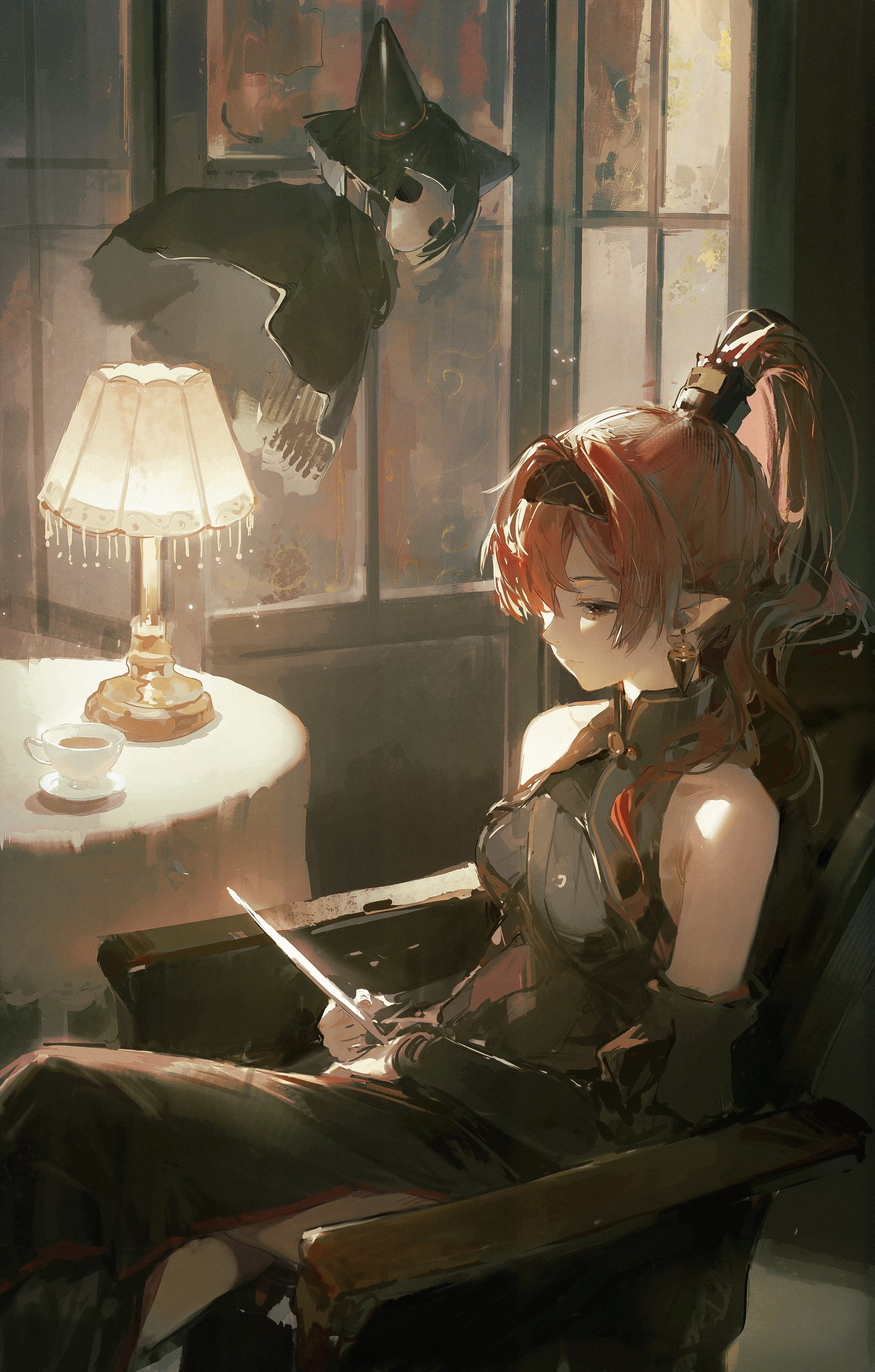 an anime girl with red hair in a ponytail is sitting in a chair reading a book. the room is dimly lit, and there is a lamp on a table beside her. she is looking down at the book, and her expression is sad and thoughtful. there is a shadowy figure standing in the background, seemingly wearing a witch's hat. the artwork is beautifully rendered, with soft colors and a sense of mystery.
