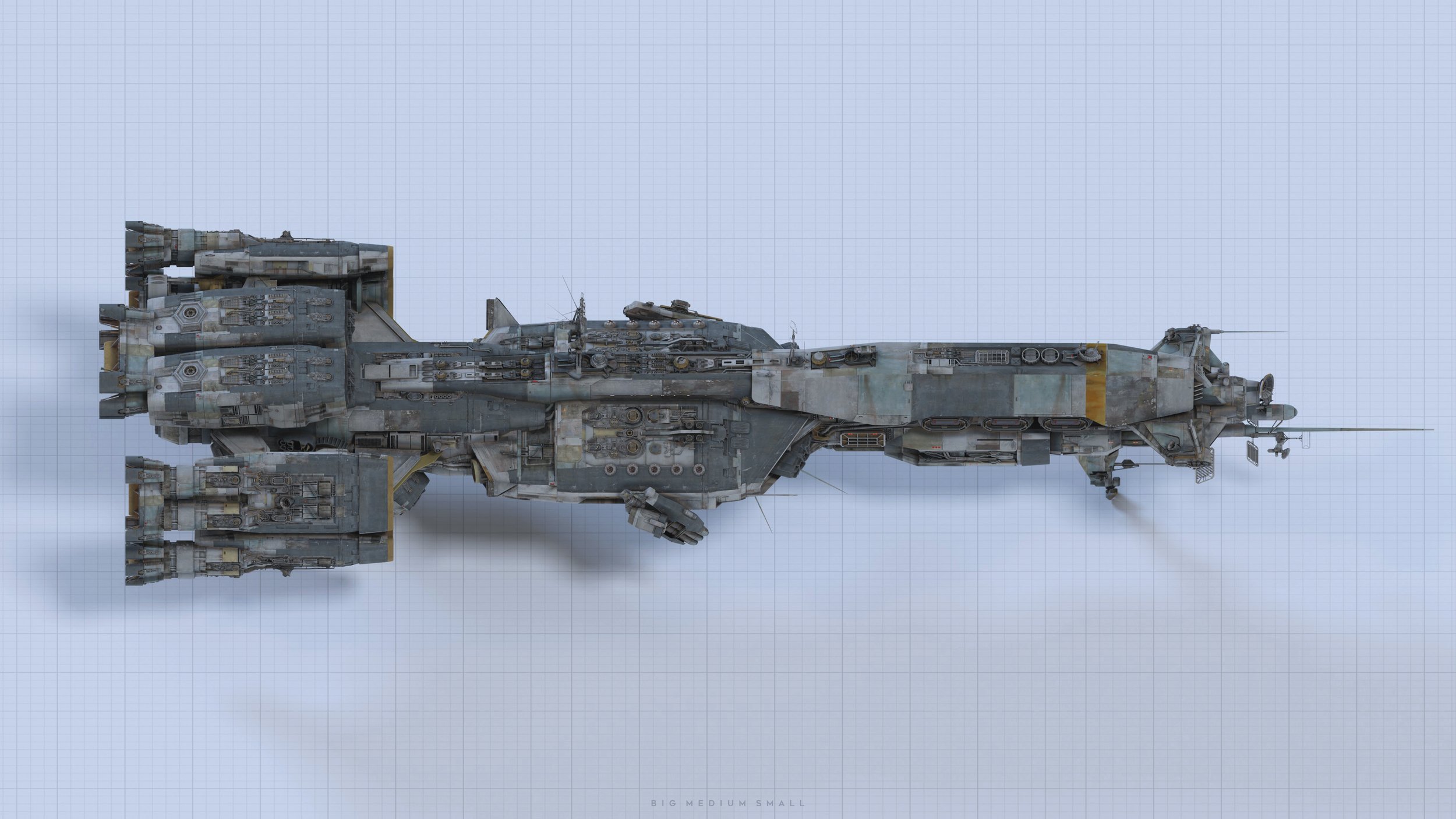 the image shows a detailed, topdown 3d rendering of a large, futuristic spaceship. the vessel is depicted on a gridded background, resembling a blueprint or design schematic. the spaceship has a long, cylindrical main body with multiple engines and various smaller structures attached. it shows signs of wear and tear, suggesting a used or battleworn appearance with a faded grey, teal, and yellow color scheme. the overall style is evocative of science fiction, particularly space opera or military spacefaring themes. the watermark "big medium small" suggests it may be part of a larger series depicting different scales of vessels.