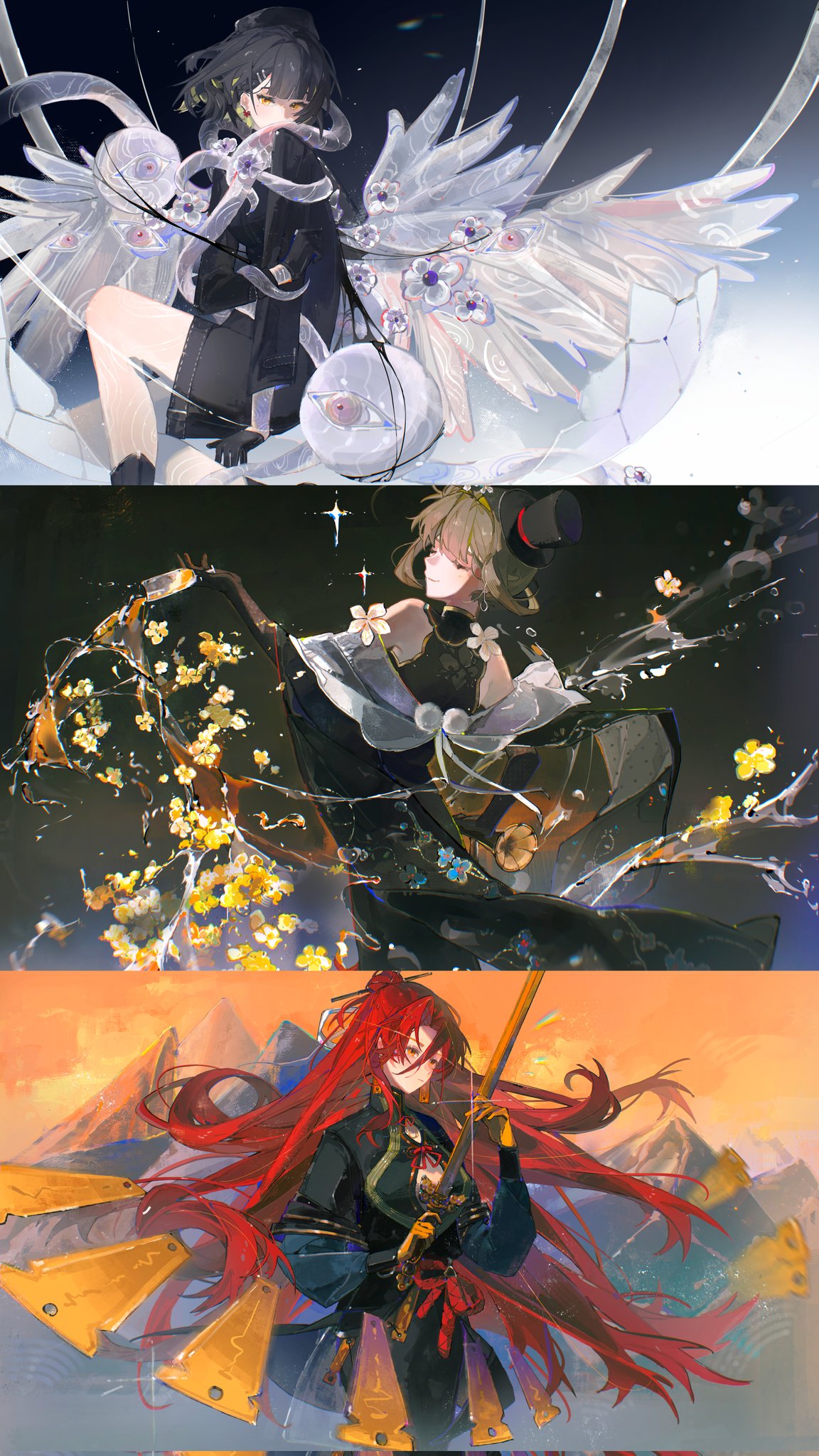 he image contains three distinct panels, each featuring a different animestyle female character.  the top panel shows a girl with black hair and large, translucent wings, adorned with floral details and surrounded by ethereal elements. the middle panel depicts a woman with blonde hair in a dark kimonolike garment, surrounded by a splash of water and yellow flowers. the bottom panel showcases a woman with vibrant red hair, dressed in a dark outfit, holding a sword against a backdrop of mountains and a sunset.  all three panels are highly stylized with painterly textures and vibrant colors. the art style is consistent across all three, indicating a single artist's work.