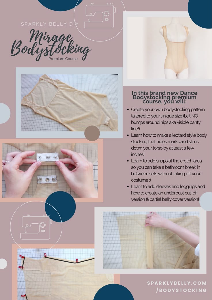 the image is an advertisement for a "mirage bodystocking" premium course offered by "sparkly belly diy." the advertisement includes images of a completed bodystocking, instructions for its creation, and information about the course content, such as creating a bodystocking pattern, making a leotardstyle body stocking, adding snaps for bathroom breaks, and creating different versions with sleeves, leggings, and cutoff designs. the ad also includes a sewing machine graphic and the website address.
