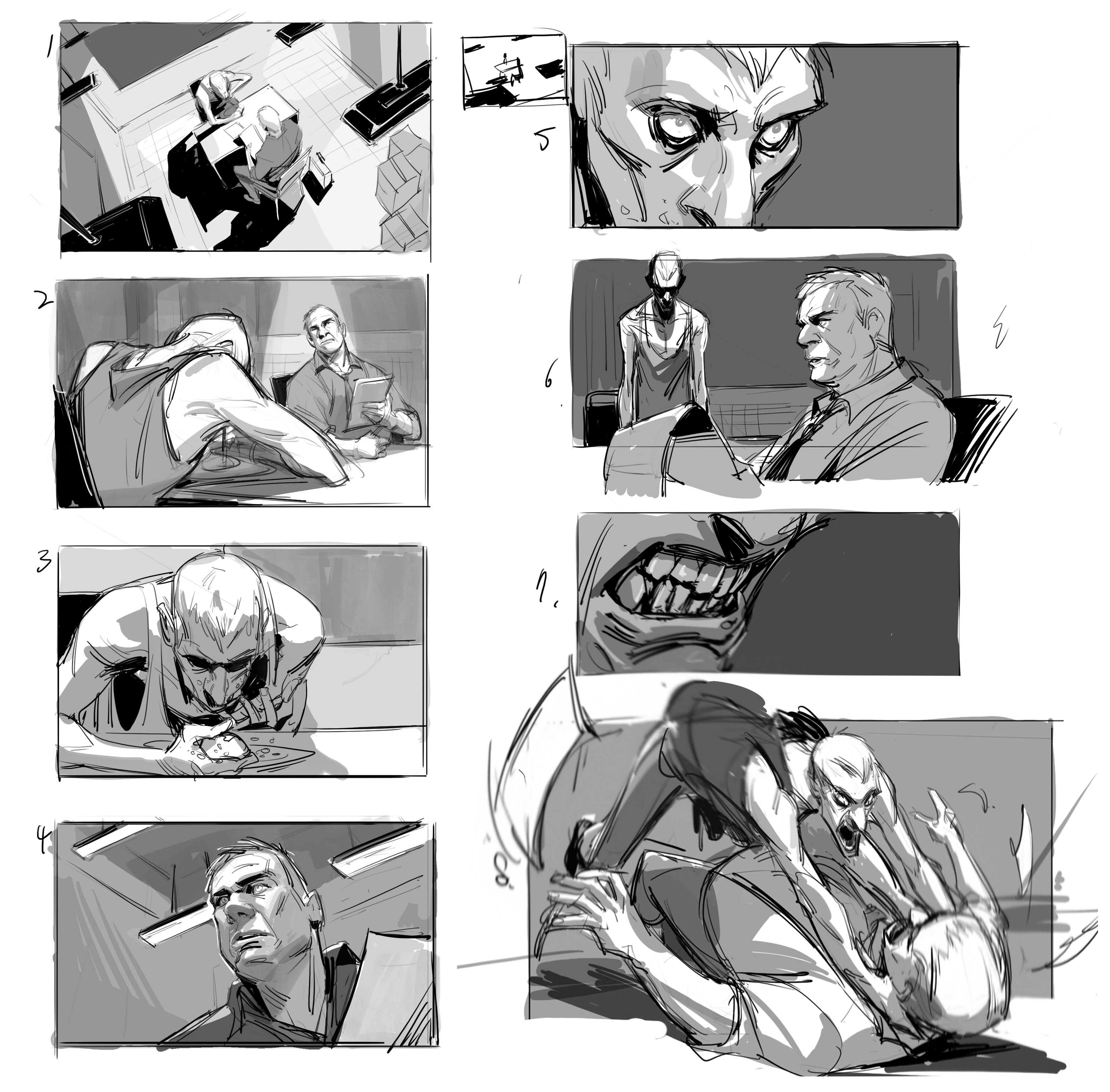 the image is a storyboard, consisting of eight panels, depicting a sequence of events likely from a film or animation. the style is rough, using grayscale pencil or digital sketches. the story seems to revolve around a zombie or similar creature and a group of men.  the scenes alternate between intense closeups of the creature's face, showing its terrifying expression and bared teeth, and scenes of human characters in an office or similar setting, exhibiting fear and engaging in a physical struggle. some panels show an interviewlike setting with a serious looking man speaking with another, while others depict a violent fight scene. the overall mood is dark, suspenseful, and potentially violent.  the panels are numbered to show the order of events.