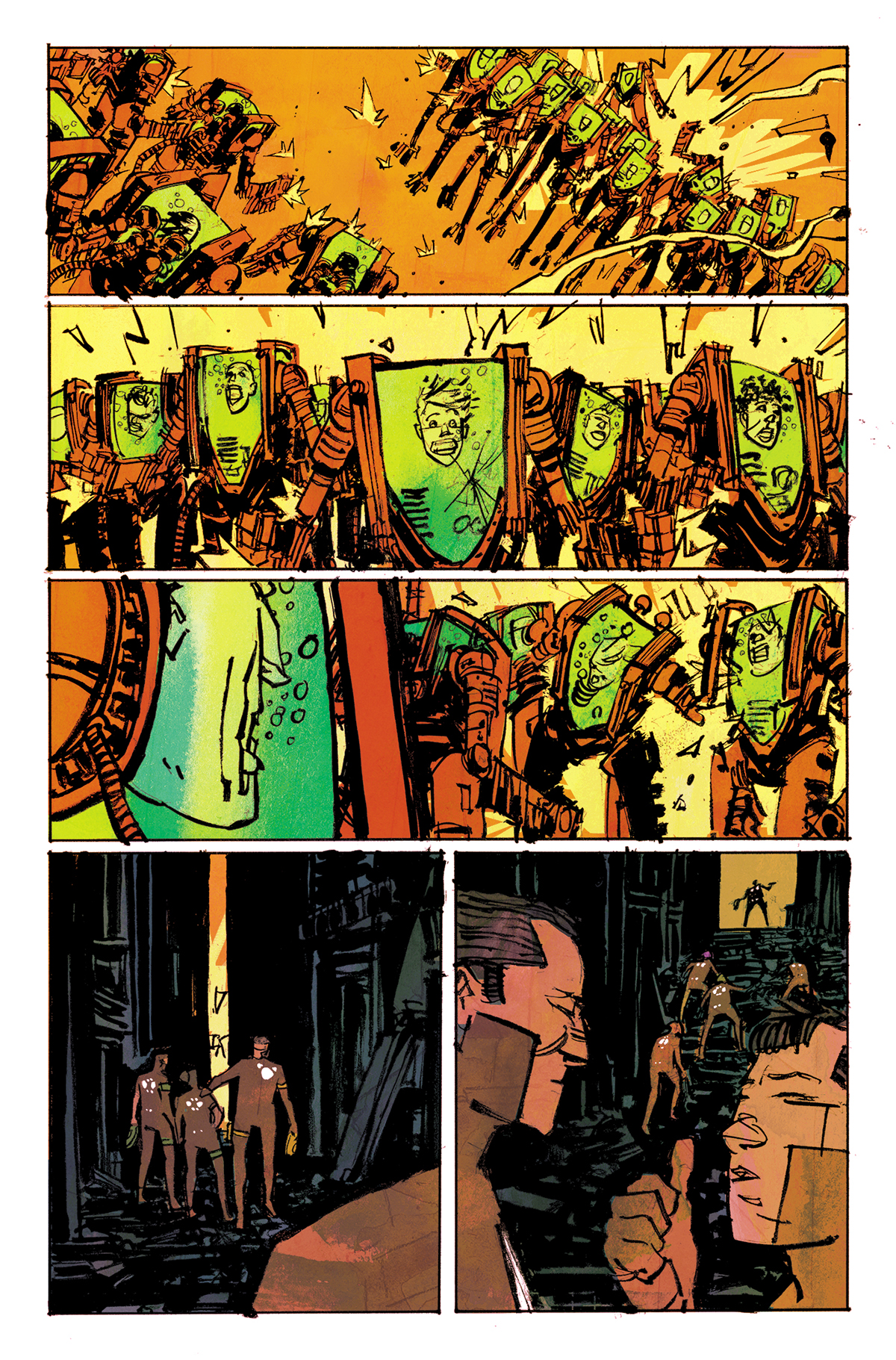 the image is a comic book page split into four panels. the first panel shows a group of robots attacking another group of robots. the second panel shows a closeup of one of the robots. the third panel shows a group of people walking down a dark street. the fourth panel shows a closeup of a man's face. the image is drawn in a graphic novel style, with bold lines and vibrant colors. the characters are drawn in a realistic style, with exaggerated features. the overall impression is one of action and excitement. the comic book page is telling a story about robots, people, and a battle between the two. the story seems to be taking place in a futuristic city, but we don't know exactly what is happening or what the outcome of the battle will be.