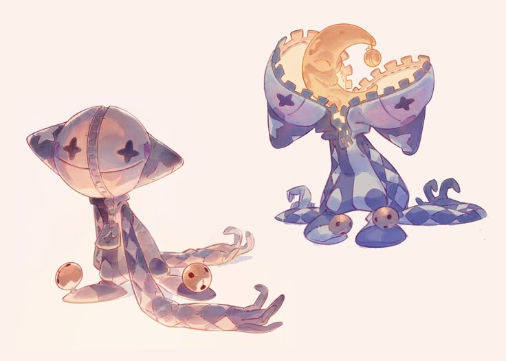 the image shows two whimsical dolls or toy figures. the figure on the left has a round head with pointed corners, marked with cross stitches, and long, floppy limbs patterned with a harlequin design. it has bells at the ends of its limbs. the figure on the right has a crescent moon design in the center of its head, which is surrounded by a crenellated collar and decorated with harlequin pattern. it also has bells at the ends of its short limbs. the color palette is soft and pastel, contributing to the dreamy, conceptual feel of the artwork.