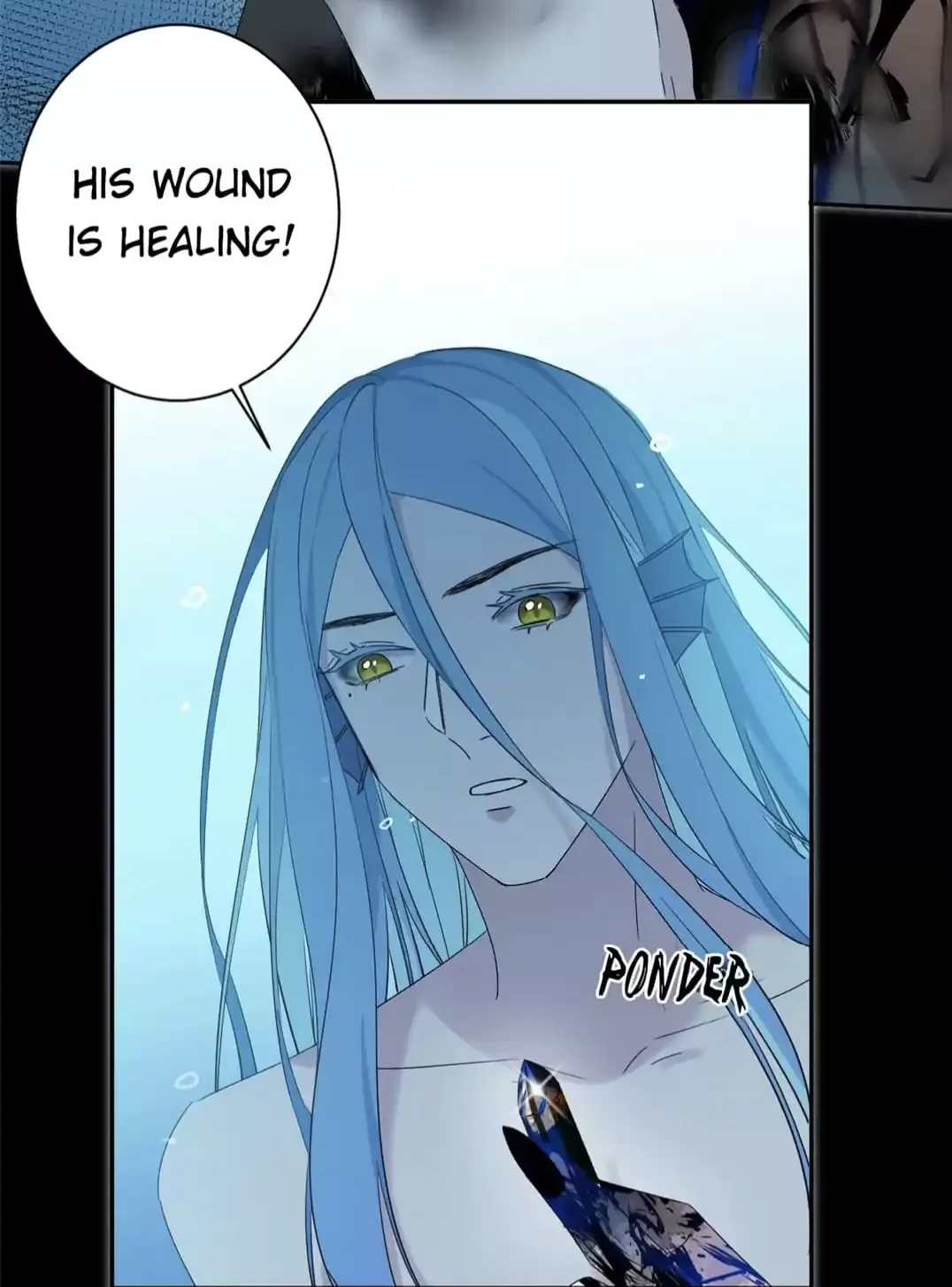 the image is a panel from a manga or manhwa (korean comic) featuring a closeup portrait of a young man with long, flowing light blue hair. he appears ethereal and otherworldly, possibly an aquatic being, given the water effects surrounding him.  his expression is thoughtful and somewhat pensive, indicated by the word "ponder" above his chest.  a speech bubble above indicates that his wound is healing. he holds a glowing, dark blue gemlike object in his hand. the overall aesthetic is light blue, dreamy, and suggestive of a fantasy or magical setting. the art style is clean and detailed, typical of many asian comics.