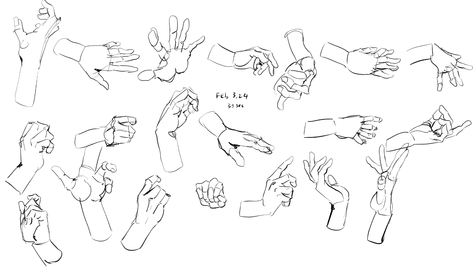 he image contains numerous quick sketches of hands in various poses and gestures.  the style is loose and expressive, focusing on capturing the movement and form of the hand rather than precise detail. the sketches are done in black ink on a white background.  a date and time ("feb 3, 24 30 sec") is noted in the center, suggesting the drawings were done as a timed exercise.  the overall impression is one of dynamic movement and expressive line work.