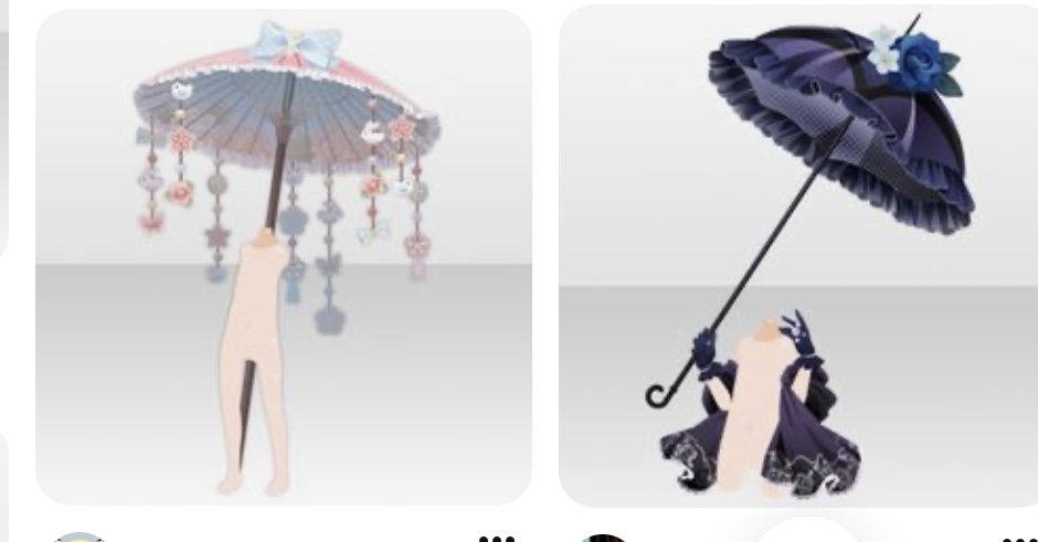 two images of parasols on a white background. the left parasol is white with pink and blue decorations, while the right parasol is black with a blue flower.