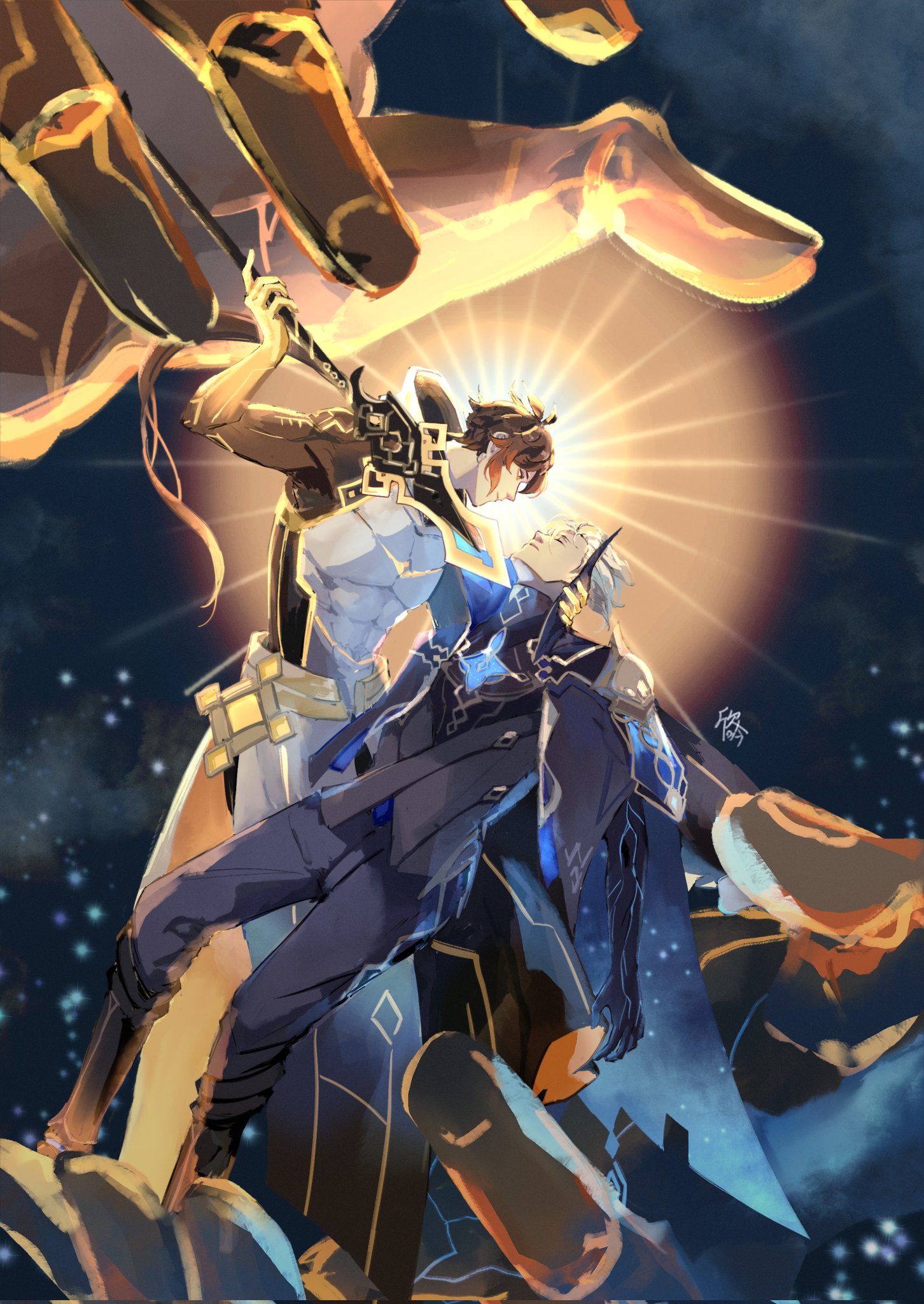 the image depicts a dramatic scene from an anime or manga, featuring two male characters locked in an embrace. the characters are in a fantasy setting, with a backdrop of stars and a glowing sky. one character, clad in gold and white armor, wields a sword and looks down at the other, who is in a dark, flowing blue garment. the characters are bathed in light, with a sense of both power and tragedy. the overall tone is romantic, with a hint of melancholy and sacrifice.  the characters appear to be engaged in a fight, or perhaps a shared moment of peace before a final battle. the image captures the beauty and emotion of anime storytelling, highlighting the complex relationships between characters and the powerful themes of love, sacrifice, and destiny.