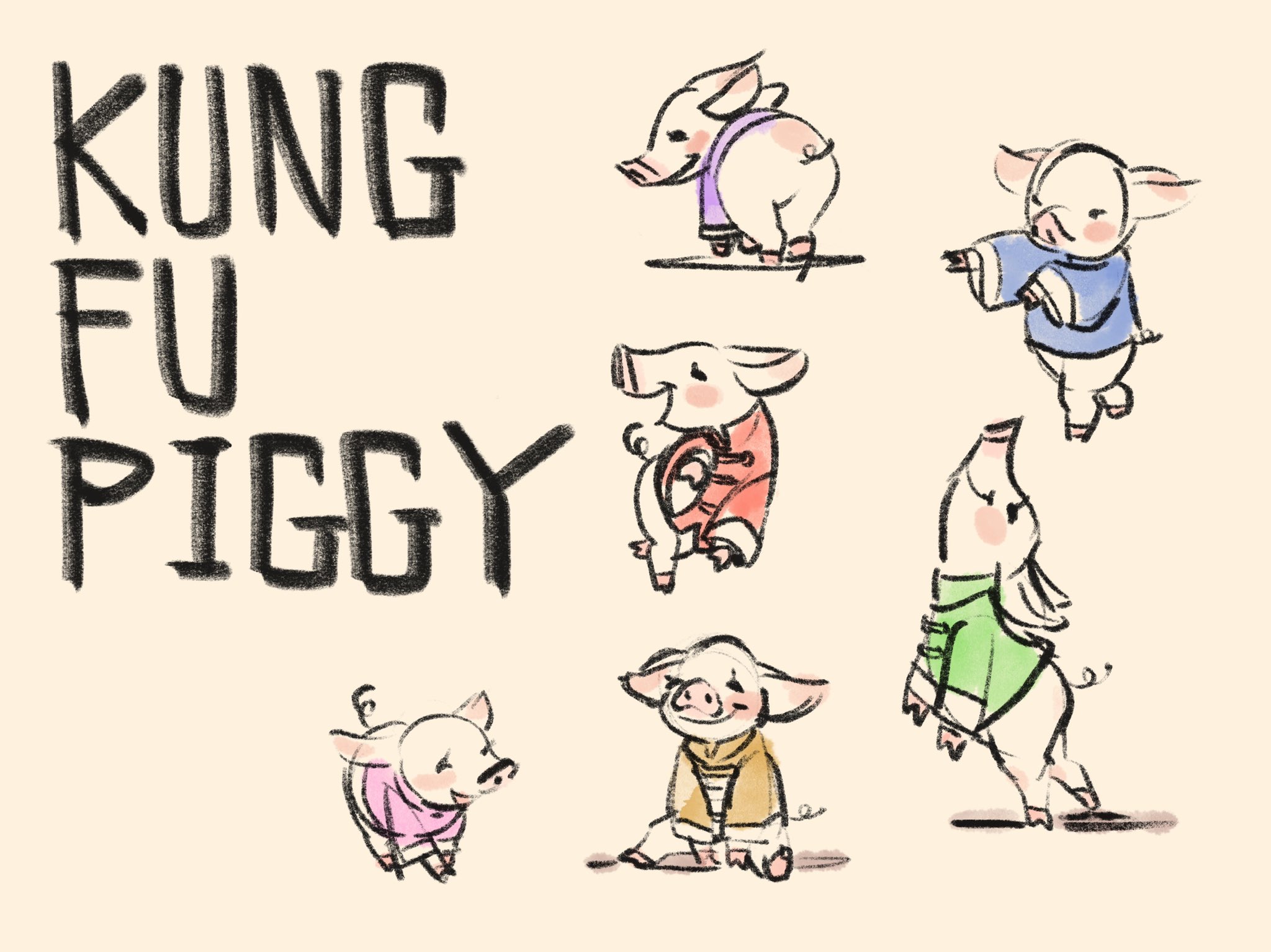 the image shows the title “kung fu piggy” above 6 cartoon sketches of pigs wearing colorful jackets in different martial arts poses.  there is a signature at the bottom right. the background is offwhite.