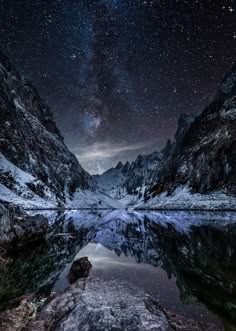 a panoramic view of a mountain range with a lake in the foreground reflecting the stars and milky way in the night sky.  the mountain peaks are covered in snow, and the lake's surface is frozen. the entire scene is dark, serene, and peaceful.