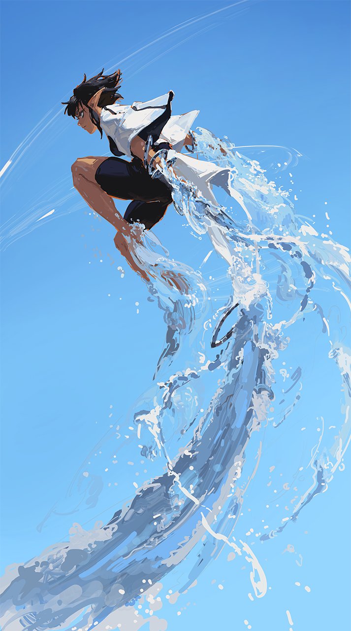 the image is a vibrant digital painting or illustration depicting an animestyle female character midleap, surrounded by a dynamic splash of water. the character has elvenlike ears, dark hair, and is wearing a white shirt and dark shorts.  the water flows dramatically around her, creating a sense of speed and motion against a clear blue sky. the style is stylized and painterly, with loose brushstrokes and bright colors. the overall mood is energetic and lively.