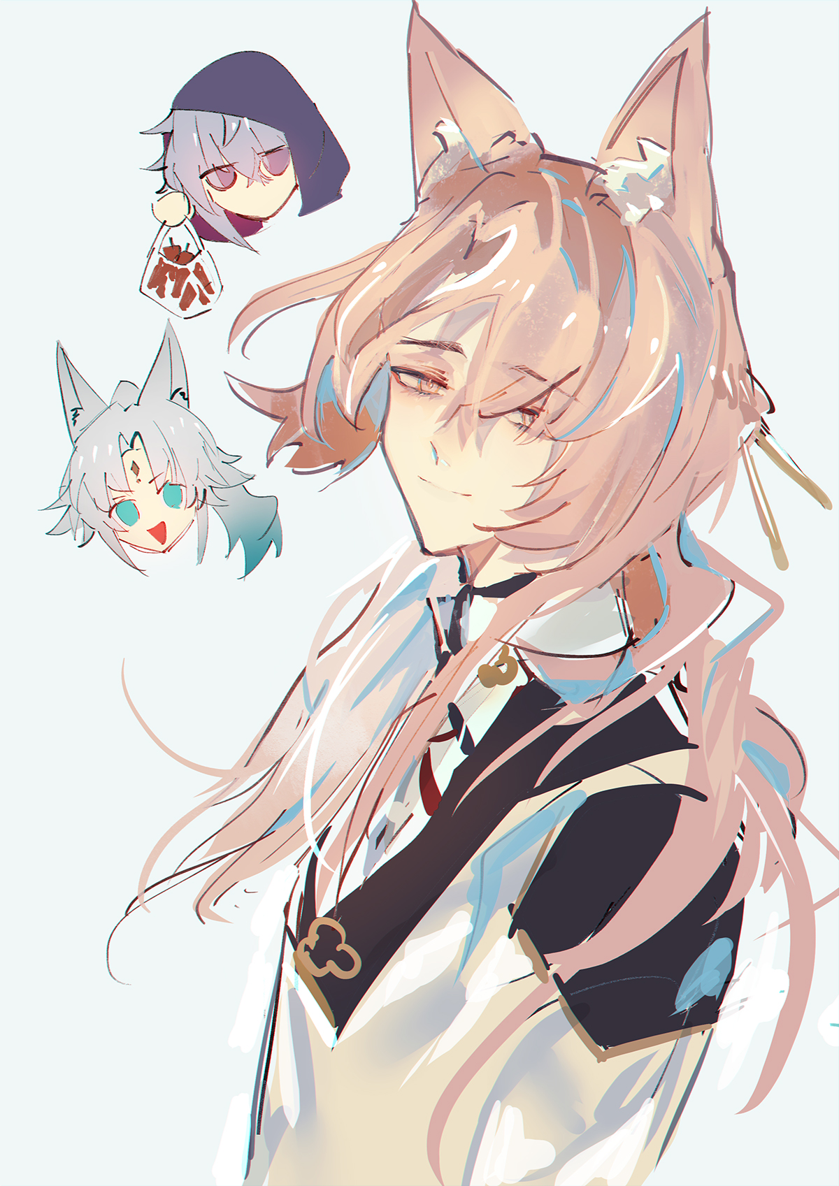 this is a digital illustration of an anime girl with pink hair and cat ears. she is wearing white clothes with blue accents. she has blue eyes and is smiling as she looks away. she appears to be a cute, fantasy character from a fictional world. the art style is cute and detailed with soft colors and a painterly feel. it's a fan art piece, likely for a popular anime or game.