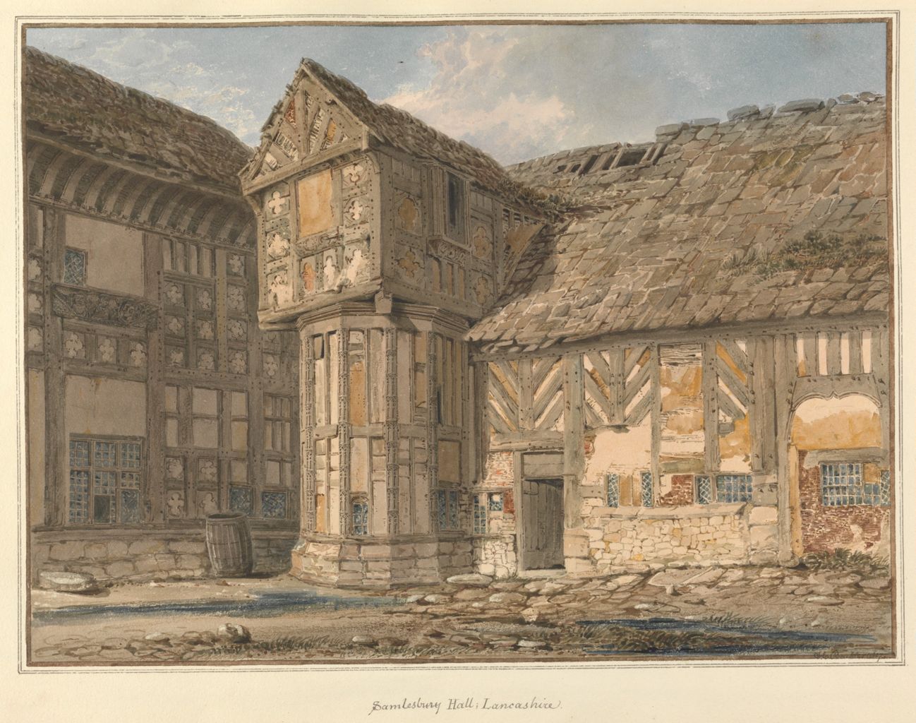 the image is a watercolor painting of samlesbury hall in lancashire, england. the architecture is characterized by timber framing and a gabled roof. the building has a stone base and multiple windows. it appears to be a historic building. a courtyard is visible, with a wooden structure.