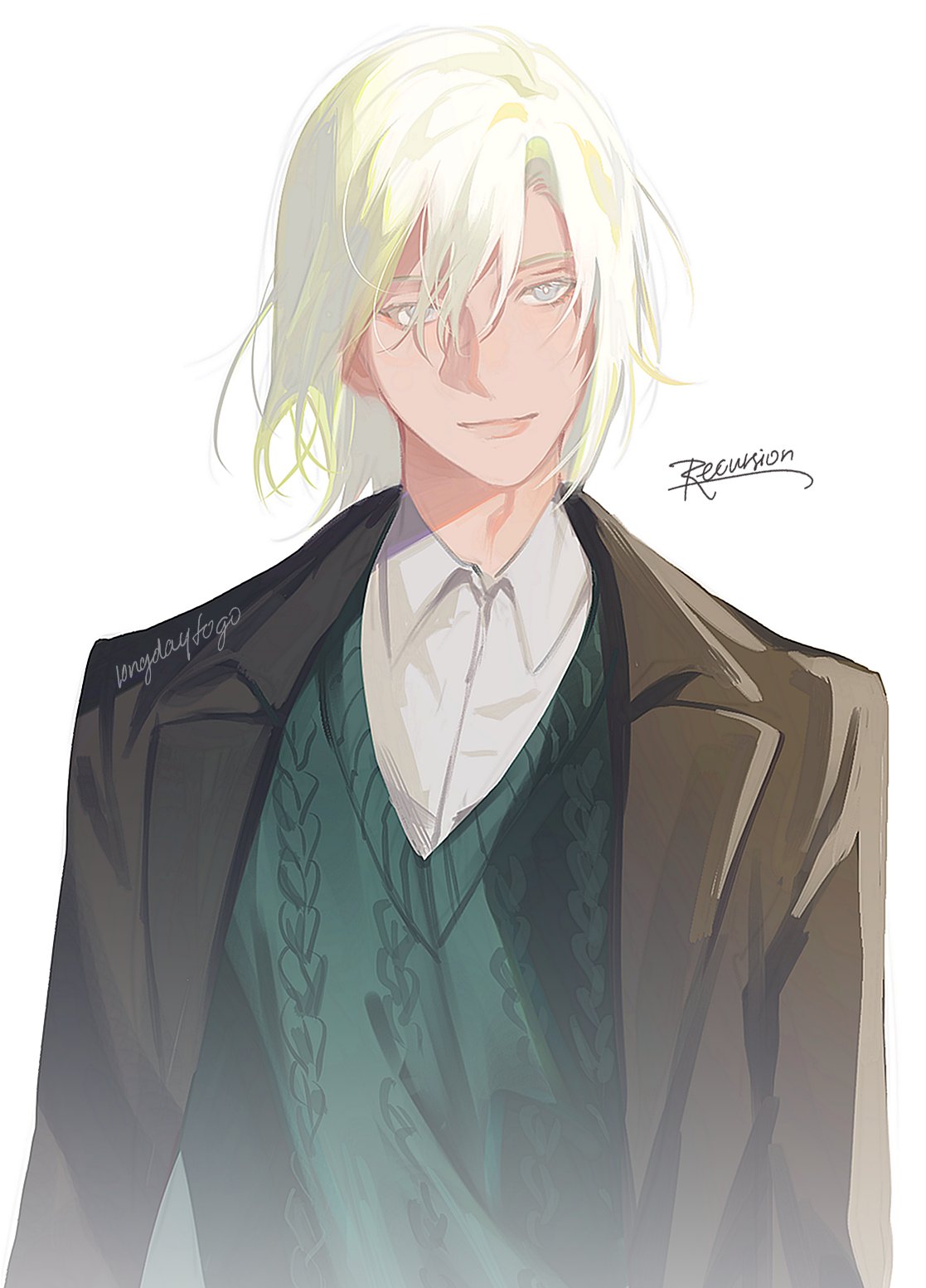 the image is a digital illustration of a young animestyle man with long, light blond hair that partially obscures his face. he has light gray or light blue eyes and a calm, almost pensive expression. he is dressed in a dark brown coat over a teal or green vneck sweater and a white collared shirt, giving a semiformal look. the art style is soft and slightly hazy, with subtle shading and light effects.  the overall mood is serene and sophisticated. watermarks for "recursion" and "mydaytogo" are visible in the image.