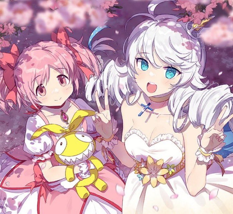 the image is of two anime girls. the girl on the left is wearing a pink dress with a yellow bunny stuffed animal in her arms. she has pink hair and a headband with a pink bow on it. the girl on the right is wearing a white dress with a flower on it. she has white hair with a blue bow on it and is smiling. the background is a soft purple with pink and white flowers falling down.