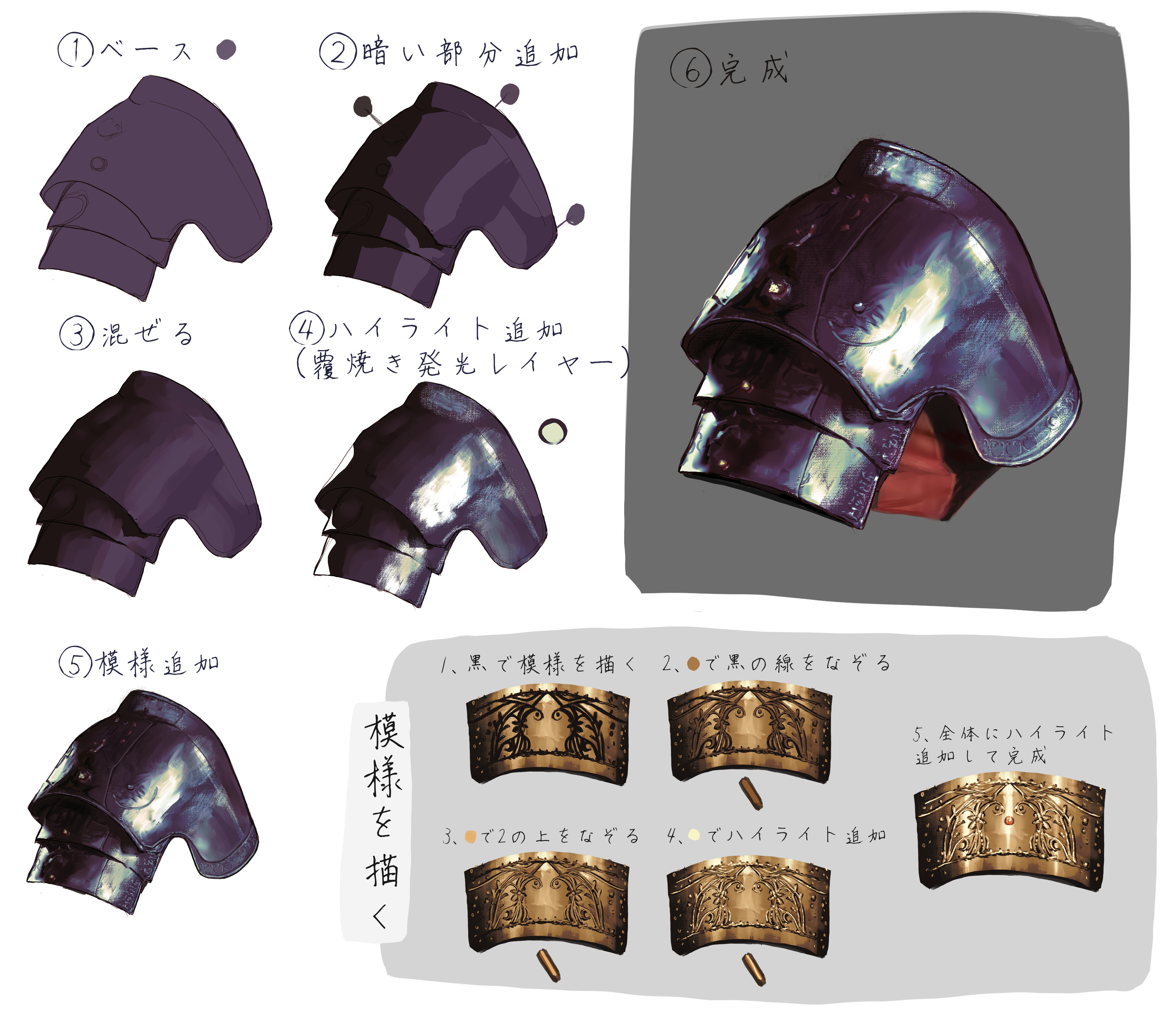 the image depicts a sixstep digital art tutorial on how to draw metallic shoulder armor. each step is numbered and briefly describes the action taken. the steps involve laying down a base color, adding shadows, blending, applying highlights, and detailing the armor with patterns and textures. the tutorial utilizes a combination of japanese and english text. there's an inset focusing on adding details to the armor's design.