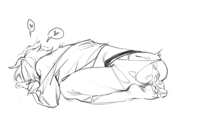 a simple line art sketch of a male anime character lying on their stomach with their head resting on their folded arm. the character is facing the right side of the image, with their eyes closed and their mouth slightly open. the character is wearing a loosely fitting shirt, and the sketch is done in black and white on a white background. above the character's head are two hearts to signify love or affection.