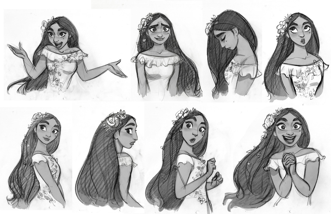 the image is a black and white character design sheet showing a woman with long, dark hair and flowers in it. she is wearing a dress with offtheshoulder sleeves. the sheet shows her in a variety of poses and expressions, including happy, sad, surprised, and angry.