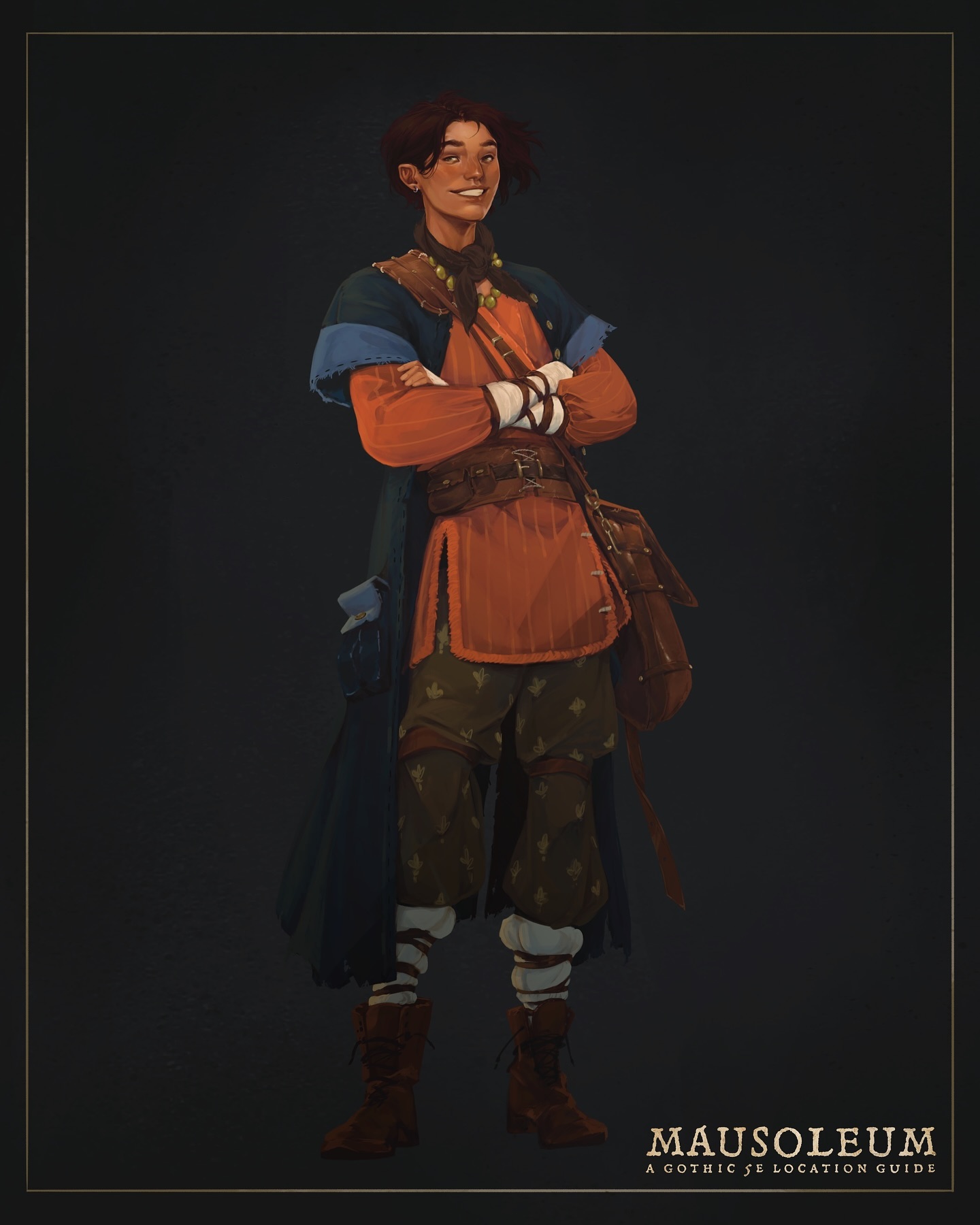 the image is a digital painting of a young, smiling male character, seemingly a traveler or adventurer. he's dressed in fantasystyle medieval clothing: an orange tunic over what looks like patterned breeches, a dark blue cloak, and brown leather boots. he has a satchel slung over his shoulder and is wearing white wrist wraps.  his pose is confident, with his arms crossed. the background is a dark, neutral tone, emphasizing the character. the bottom of the image features text that reads "mausoleum a gothic jce location guide," suggesting this is artwork for a game or location guide with a gothic aesthetic. the overall style is painterly and slightly stylized, with a focus on character and costume design.